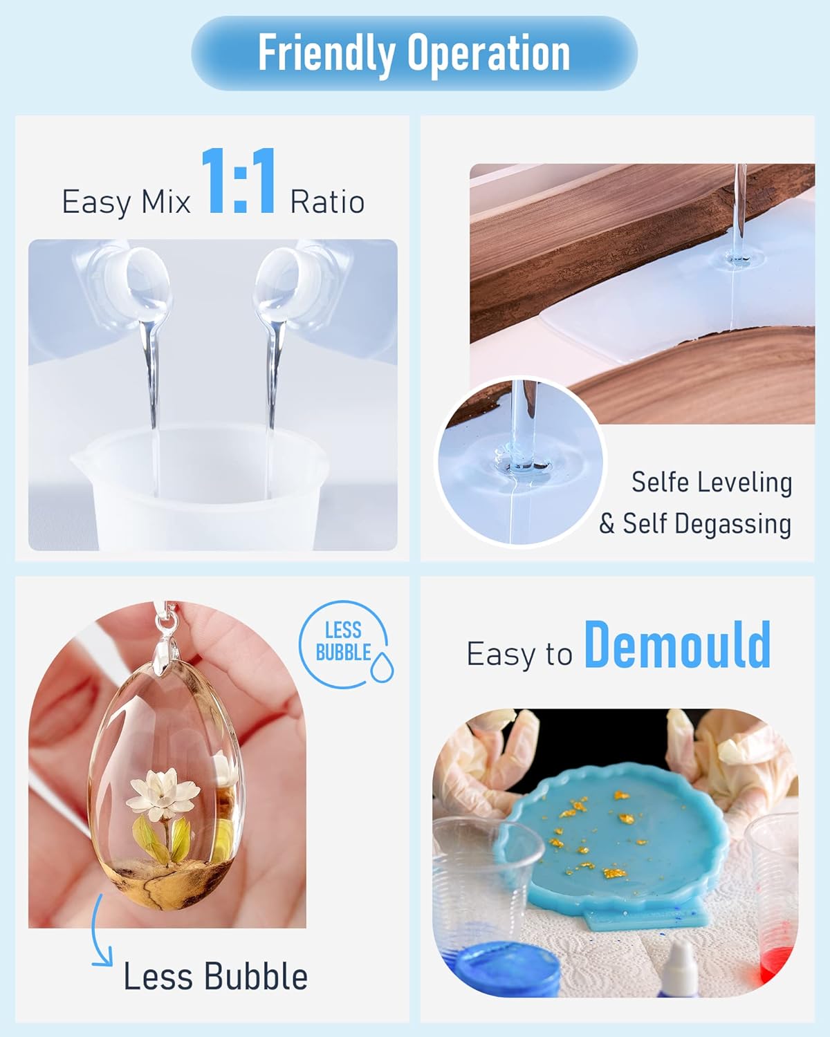 4 Gallon Crystal Clear Epoxy Resin Kit, High Gloss & Bubbles Free Resin Supplies for Coating and Casting, Craft DIY, Wood, Table Top, Bar Top, Molds, River Tables with Cups, Sticks, Gloves