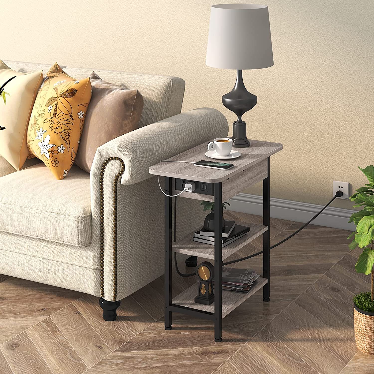Flip Top End Table with Charging Station  C USB Ports & Outlets, Storage Shelf, Ideal for Living Room & Bedroom by [Brand Name]
