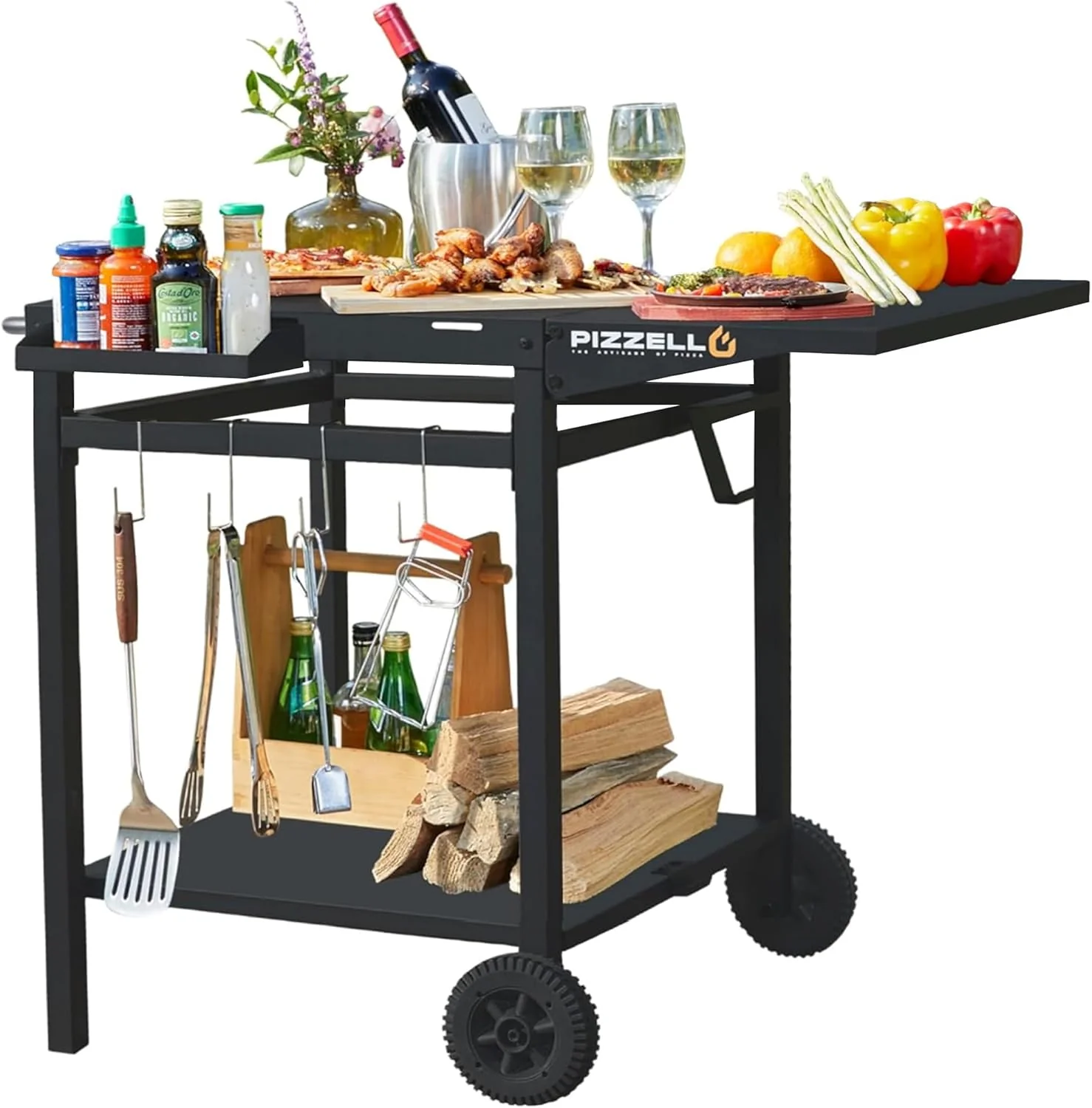 Movable Outdoor Grill Cart with Double-Shelf Trolley and Foldable Tabletop