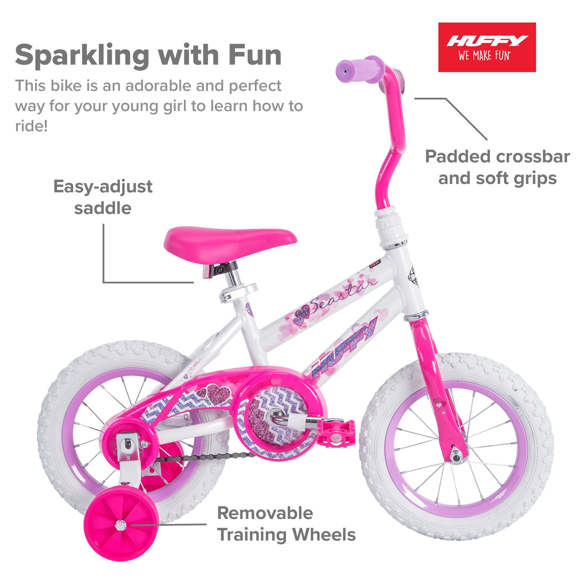 Huffy Sea Star 12��� Girls�� Bike, White/Pink, Steel Frame, Ages 3-5, EZ Build