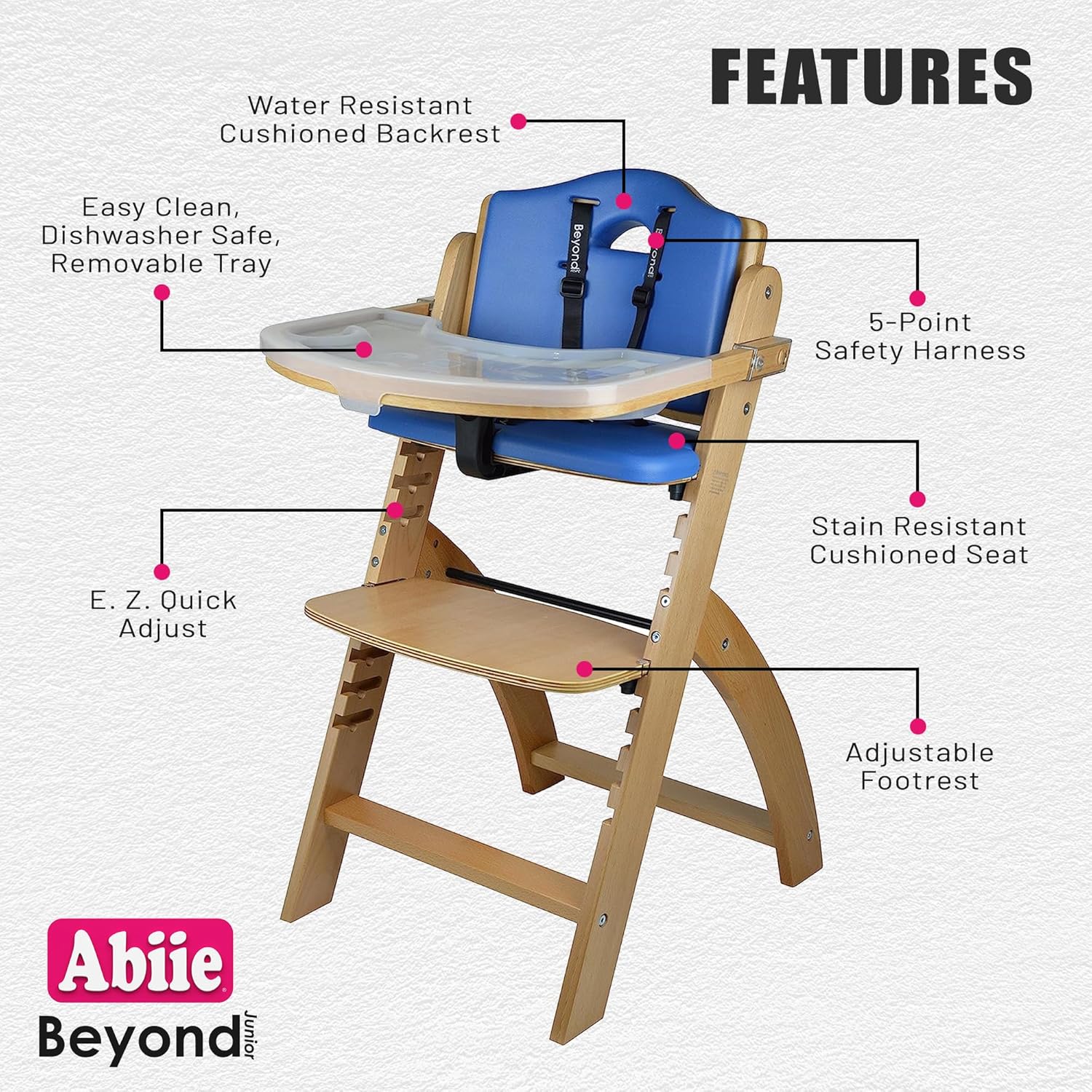 Abiie Beyond Junior High Chair, Adjustable Wood, Dove Grey Cushion, 250 lb Capacity, Stain & Water Resistant