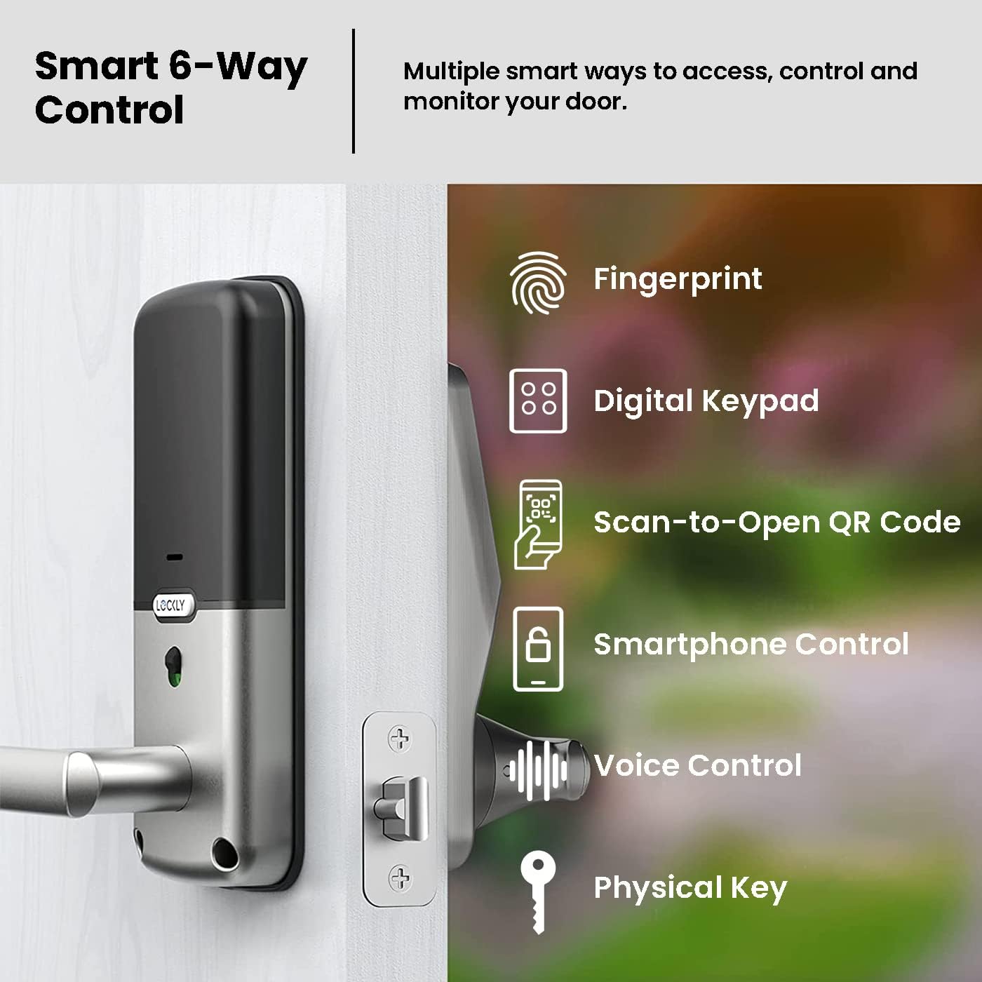Lockly Smart Door Lock  C Keyless Entry with Biometric Fingerprint, Voice Control, Matte Black, Latch Edition, Wi-Fi & Bluetooth Enabled