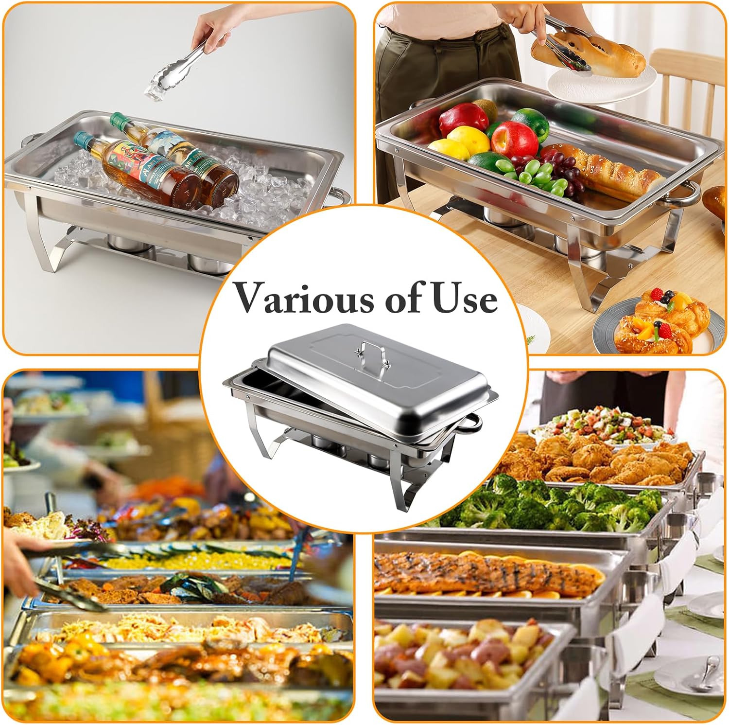 6 Pcs Chafing Dish Buffet Set, 8 Qt Stainless Steel Buffet Servers and Warmers with Foldable Frame, Food Pan, Fuel Holder and Lid for Parties Banquet Wedding