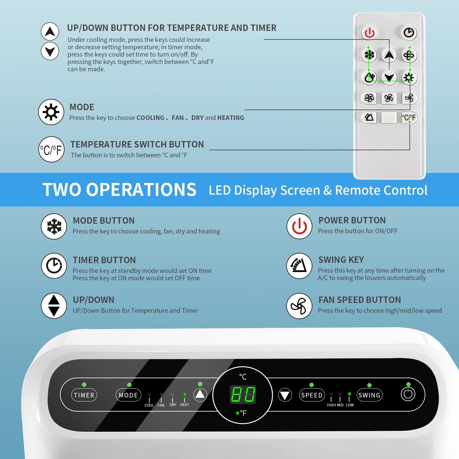 Portable Air Conditioner Cools up to 300 Sq.ft, 4-IN-1 Portable AC Unit with Cooling, Dehumidifier, Fan, 24H Timer (Window Venting Kit Included)