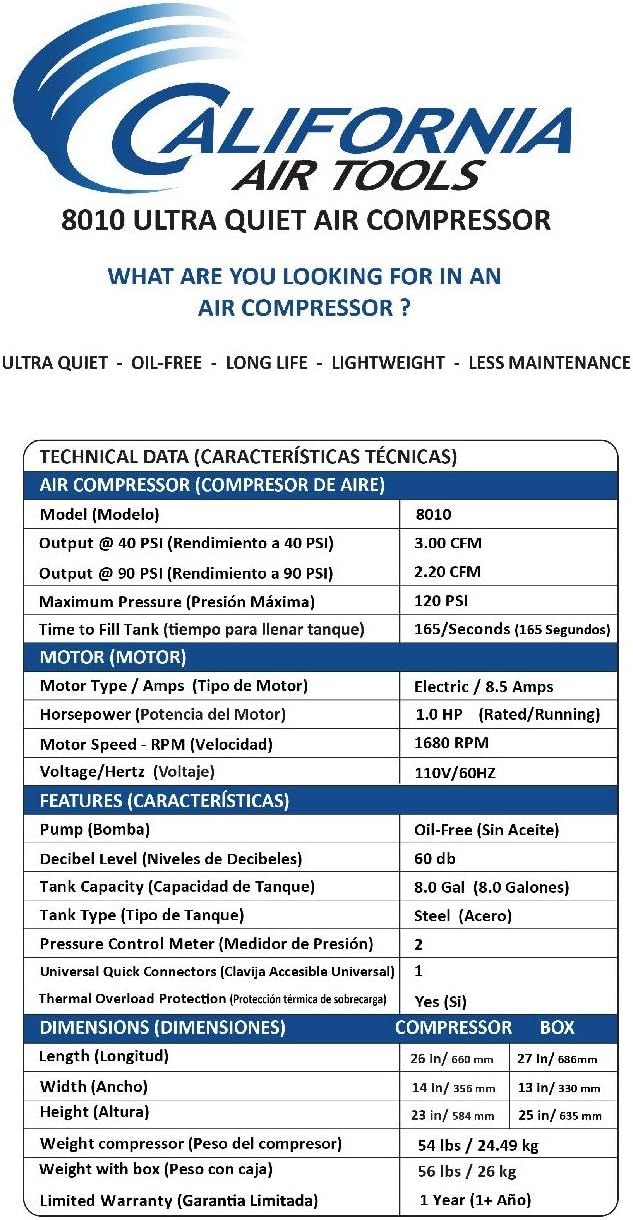 8010 Steel Tank Air Compressor | Ultra Quiet, Oil-Free, 1.0 hp, 8 gal