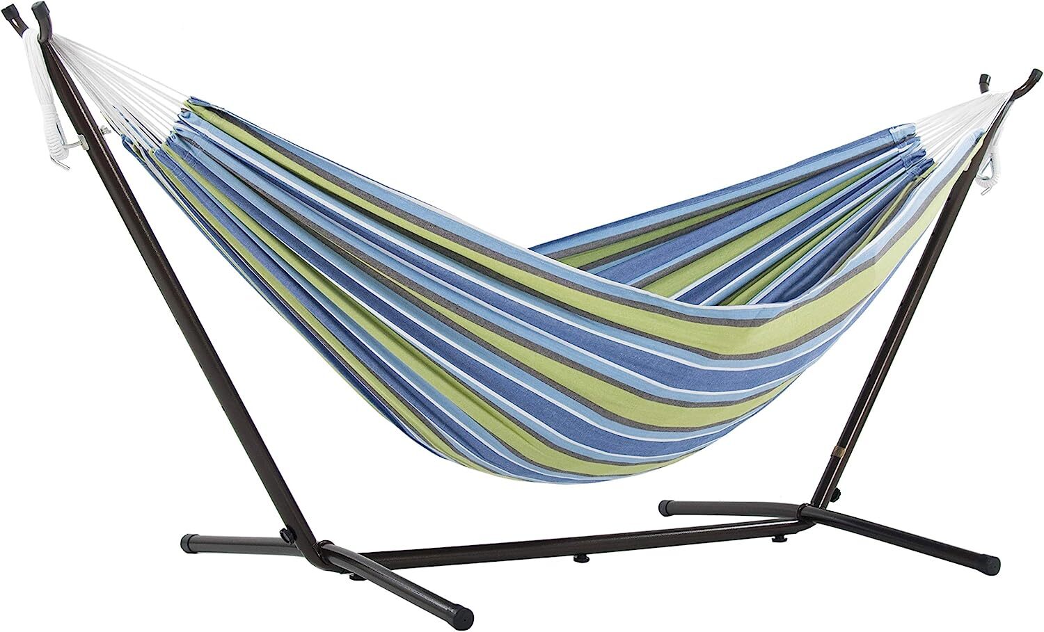 Vivere Double Cotton Hammock with Steel Stand, 450 lb Capacity, Tropical Colors, Includes Premium Carry Bag