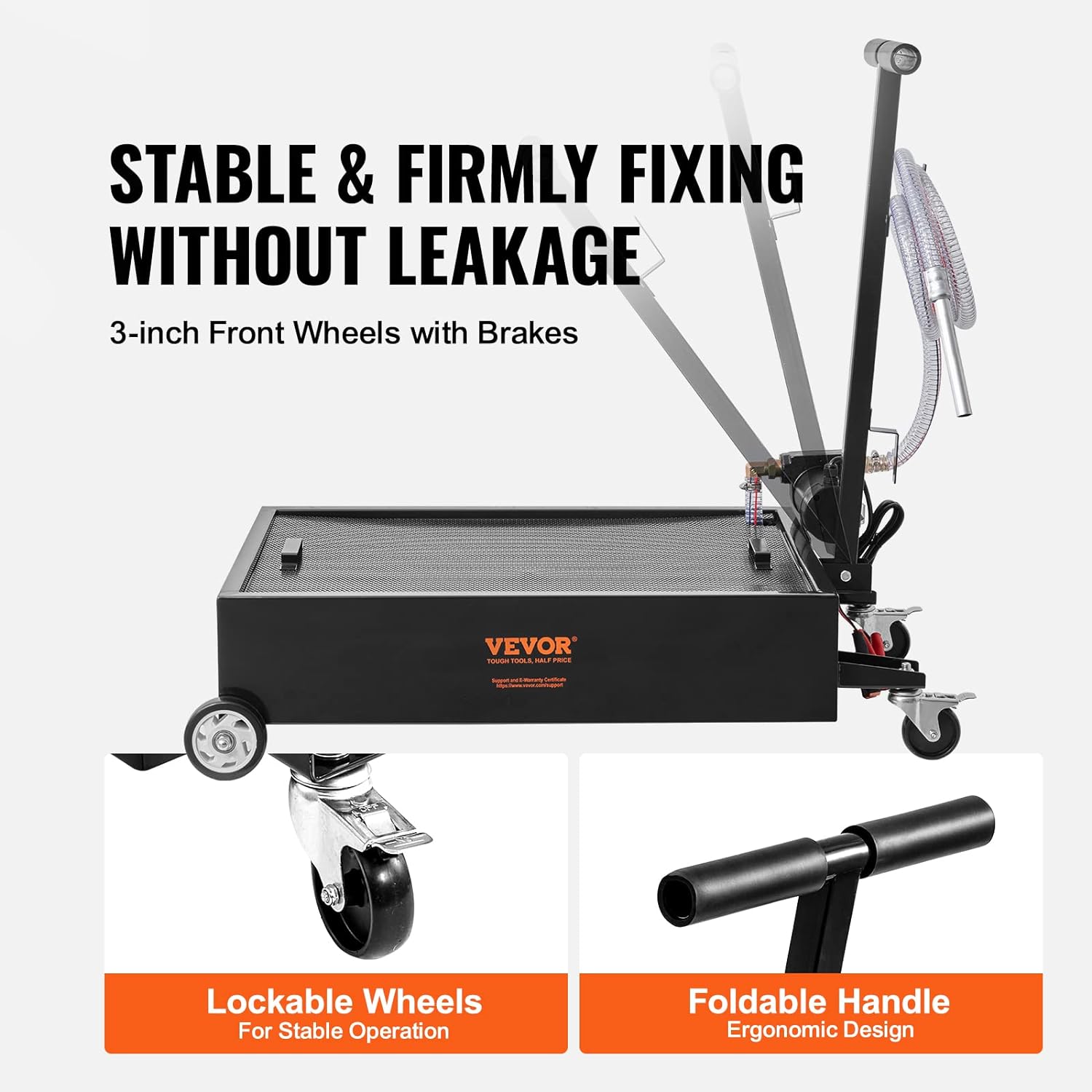 Low-Profile 15 Gallon Oil Drain Pan with 180W Electric Pump, Folding Handle & Wheels for Trucks, Buses, RVs