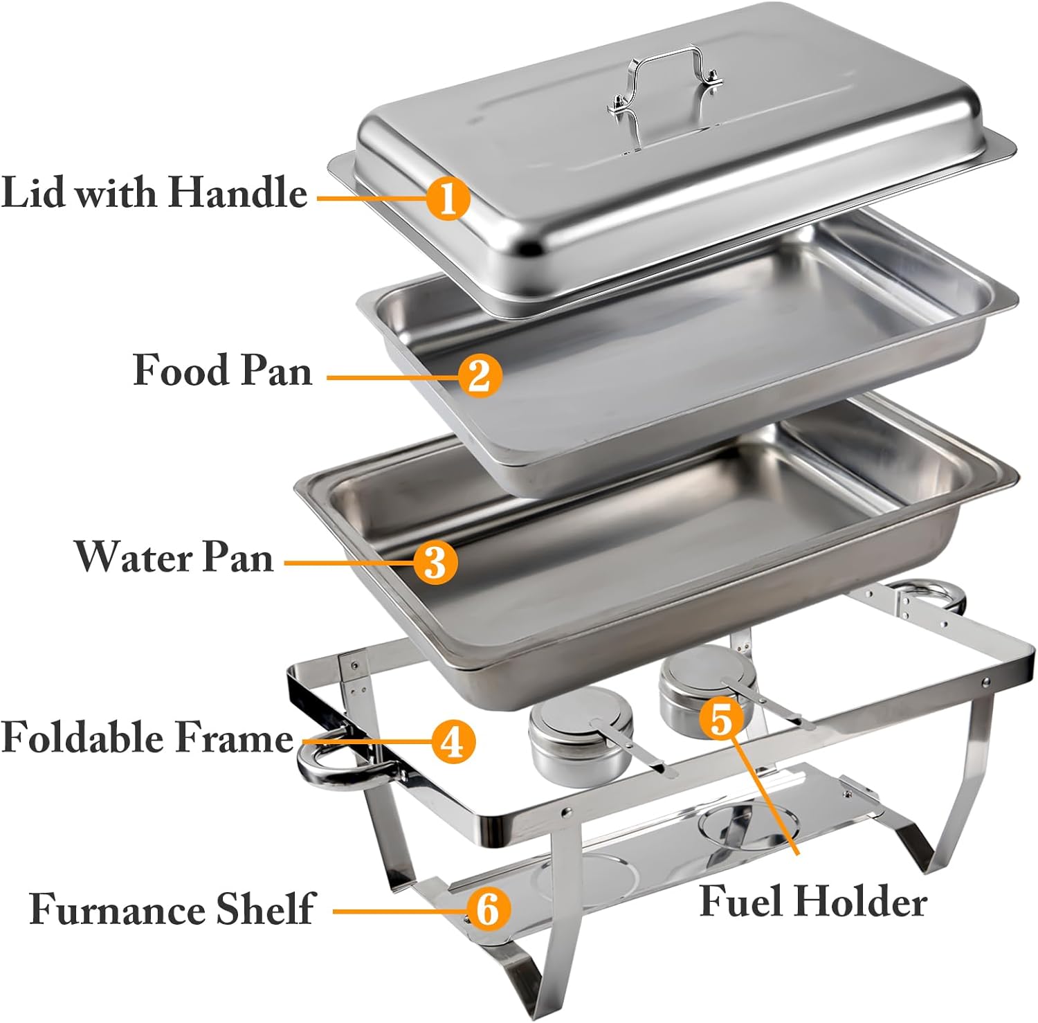6 Pcs Chafing Dish Buffet Set, 8 Qt Stainless Steel Buffet Servers and Warmers with Foldable Frame, Food Pan, Fuel Holder and Lid for Parties Banquet Wedding