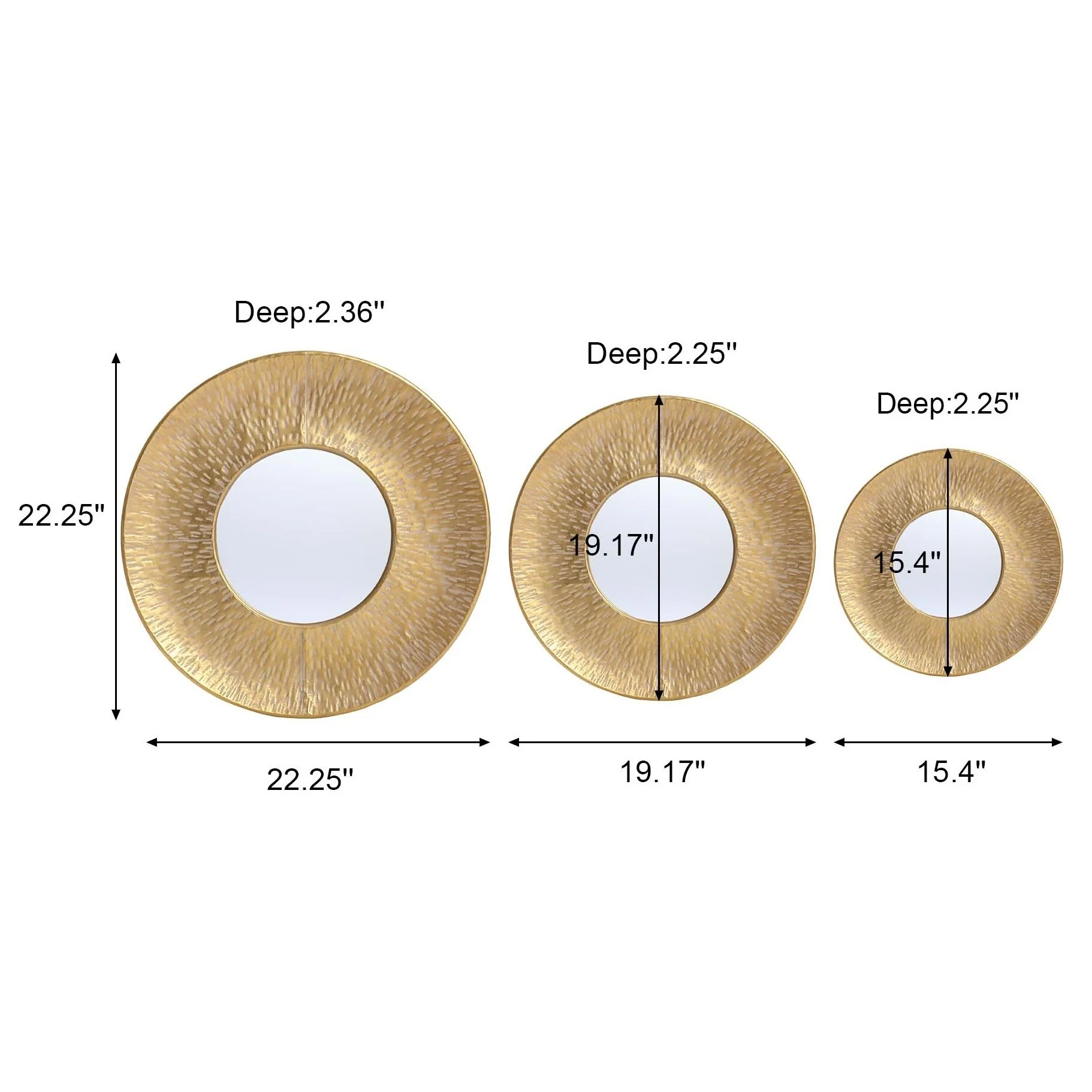 3-Piece Gold Metal Round Wall Mirror Set - 22.25