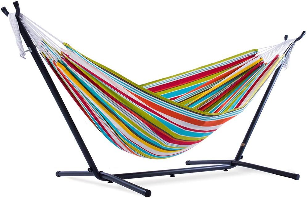 Vivere Double Cotton Hammock with Steel Stand, 450 lb Capacity, Tropical Colors, Includes Premium Carry Bag