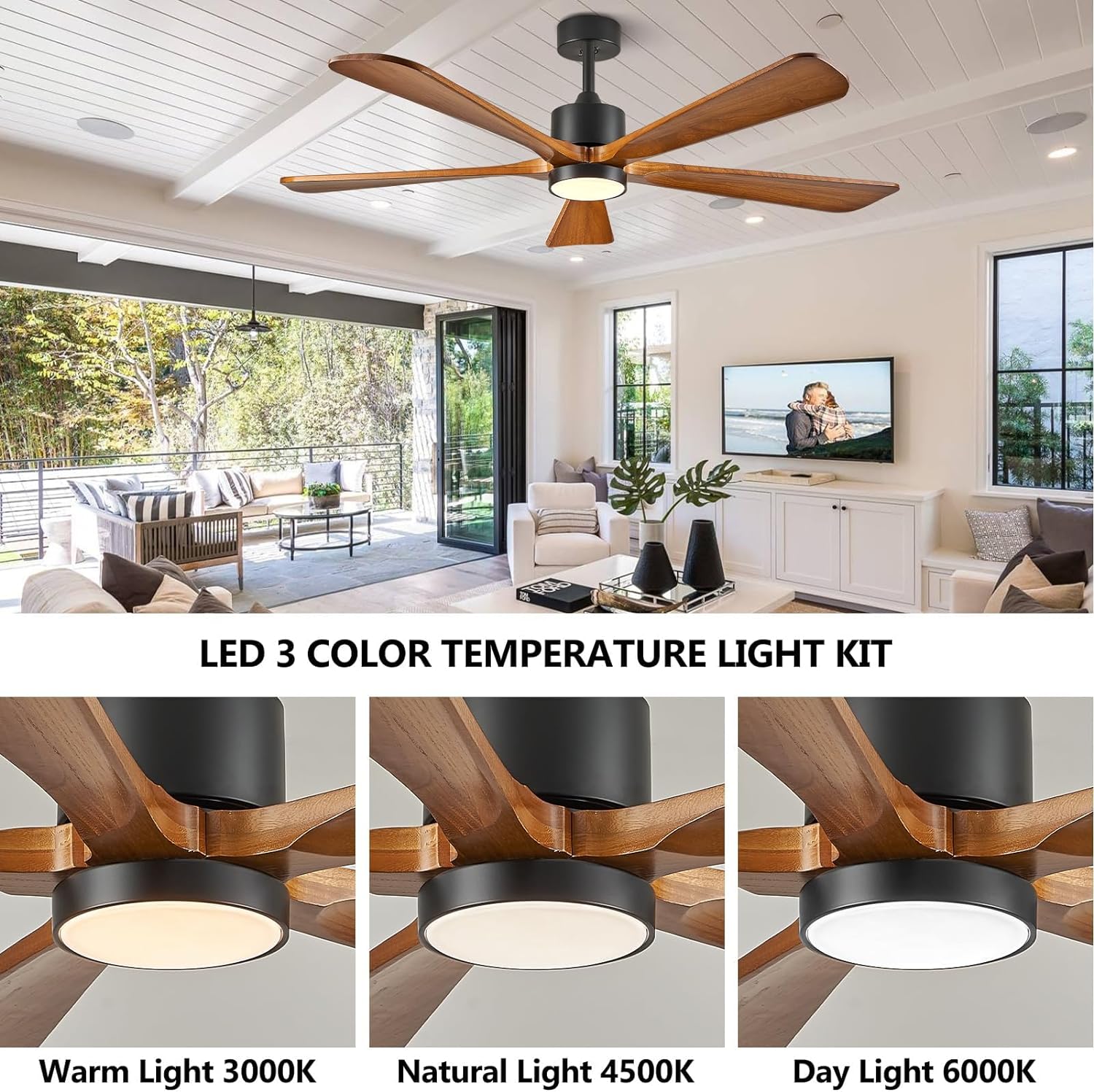 Ceiling Fans with Lights, 60 inch Outdoor Ceiling Fans with Lights for Patio and Remote Control, Modern Ceiling Fan with Light, 5 Solid Wood Blades 6-Speed Reversible DC Motor (Dark Brown)
