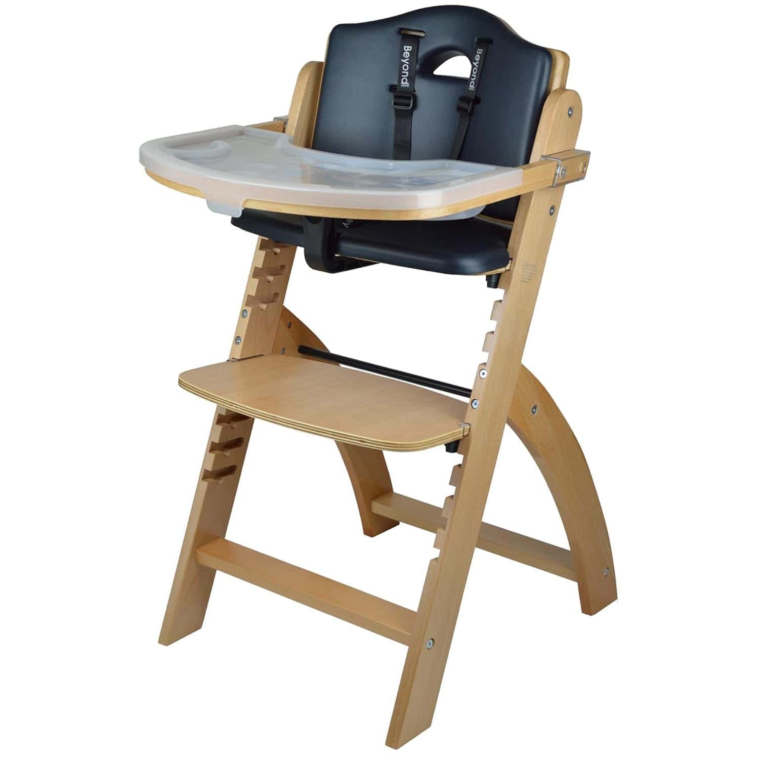 Abiie Beyond Junior Wooden High Chair with Tray. The Perfect Adjustable Baby Highchair Solution Natural Wood/Black Cushion