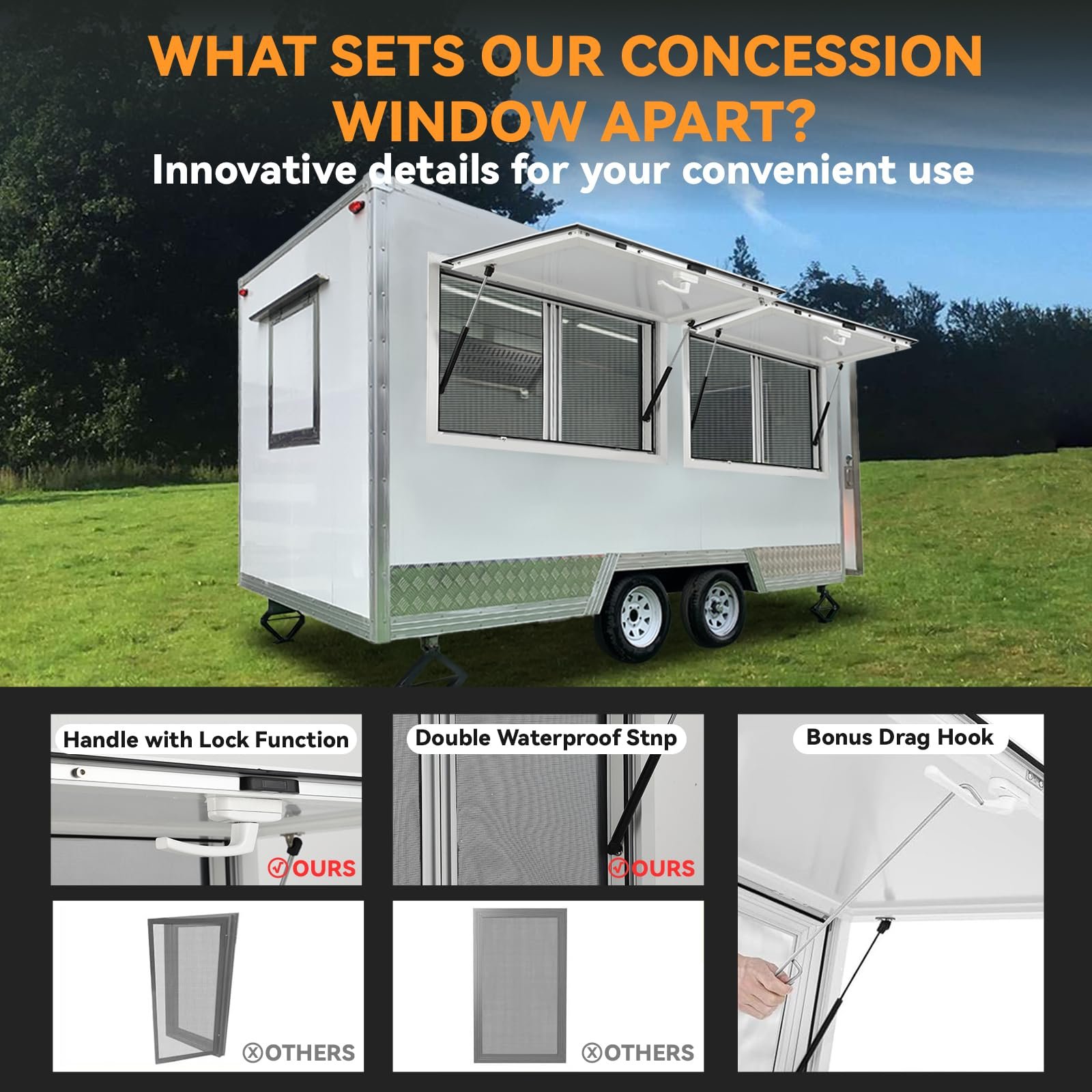 Concession Window 36W x 36H Aluminum Alloy Food Truck Service Window with Sliding Screens & Awning Door, Hydraulic Lift, Locking Mechanism, Versatile for Catering