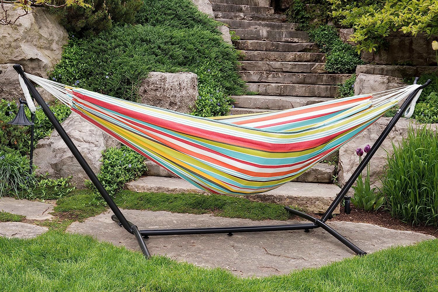 Vivere Double Cotton Hammock with Steel Stand, 450 lb Capacity, Tropical Colors, Includes Premium Carry Bag