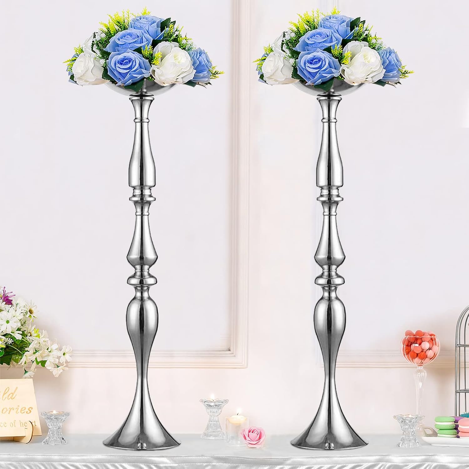 Elegant Silver Metal Wedding Centerpiece Stand 31.5     C Tall Tabletop Decor for Events & Parties