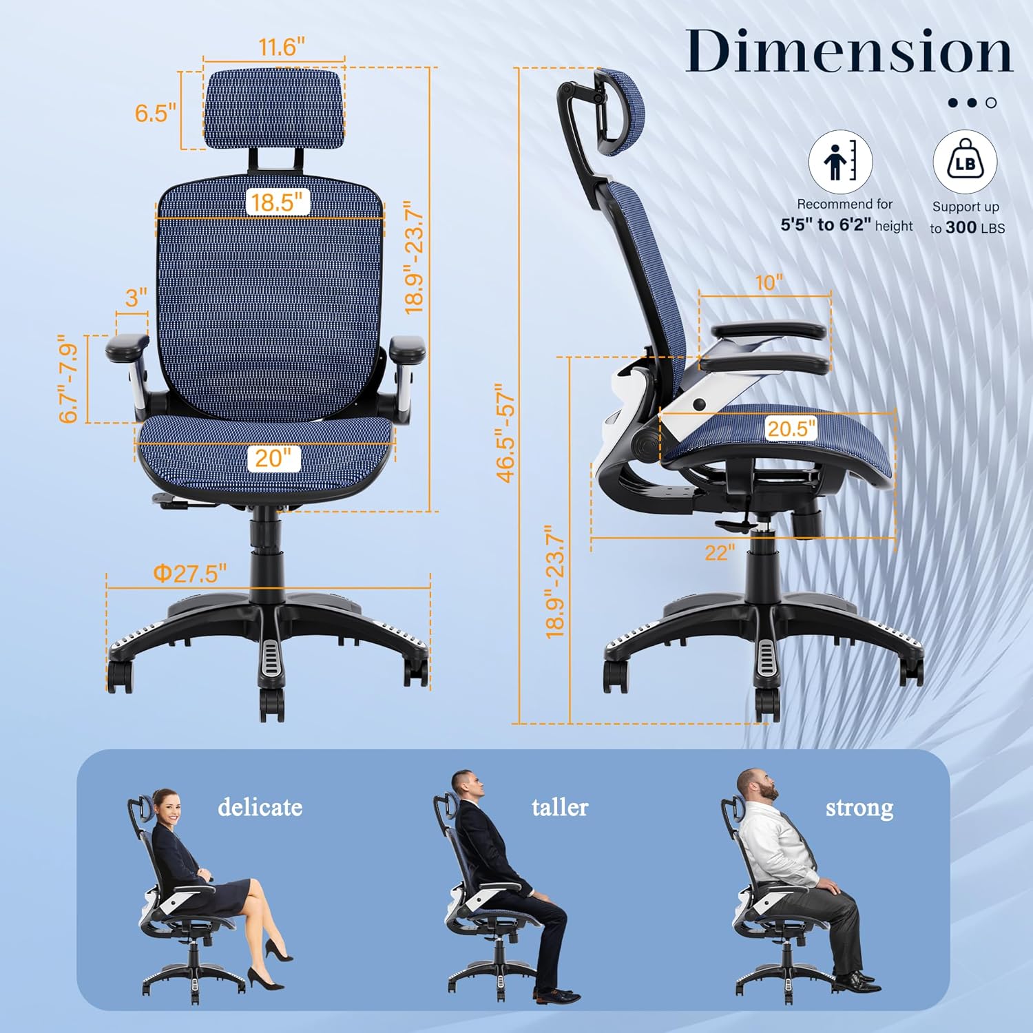 Ergonomic Mesh Office Chair, High Back Desk Chair - Adjustable Headrest with Flip-Up Arms, Tilt Function, Lumbar Support and PU Wheels, Swivel Computer Task Chair