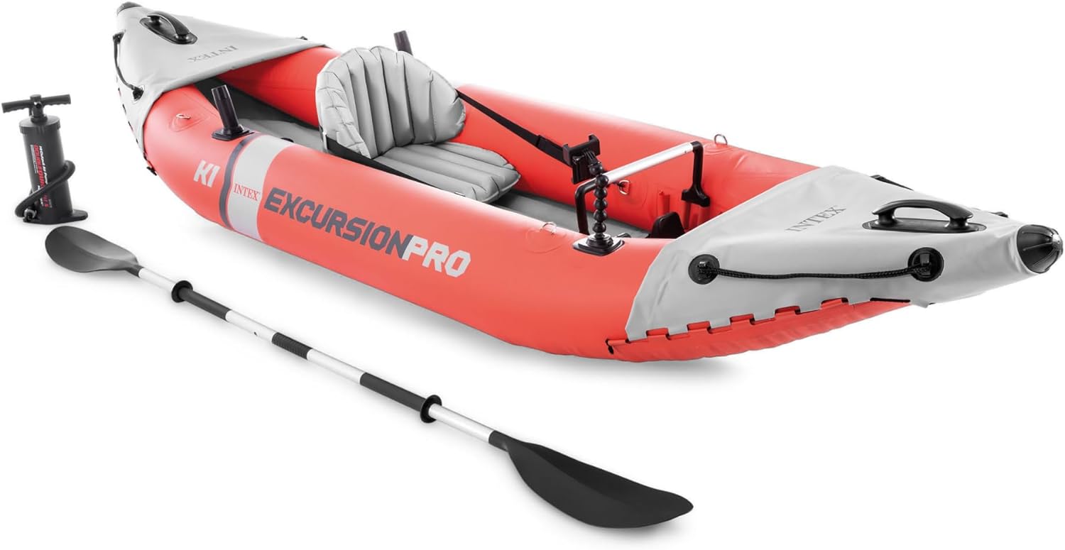 Excursion Pro Inflatable Kayak Series: Includes Deluxe 86in Kayak Paddles and High-Output Pump  ?SuperTough PVC  ?Adjustable Bucket Seat  ?Fishing Rod Holders  ?Grab Handles