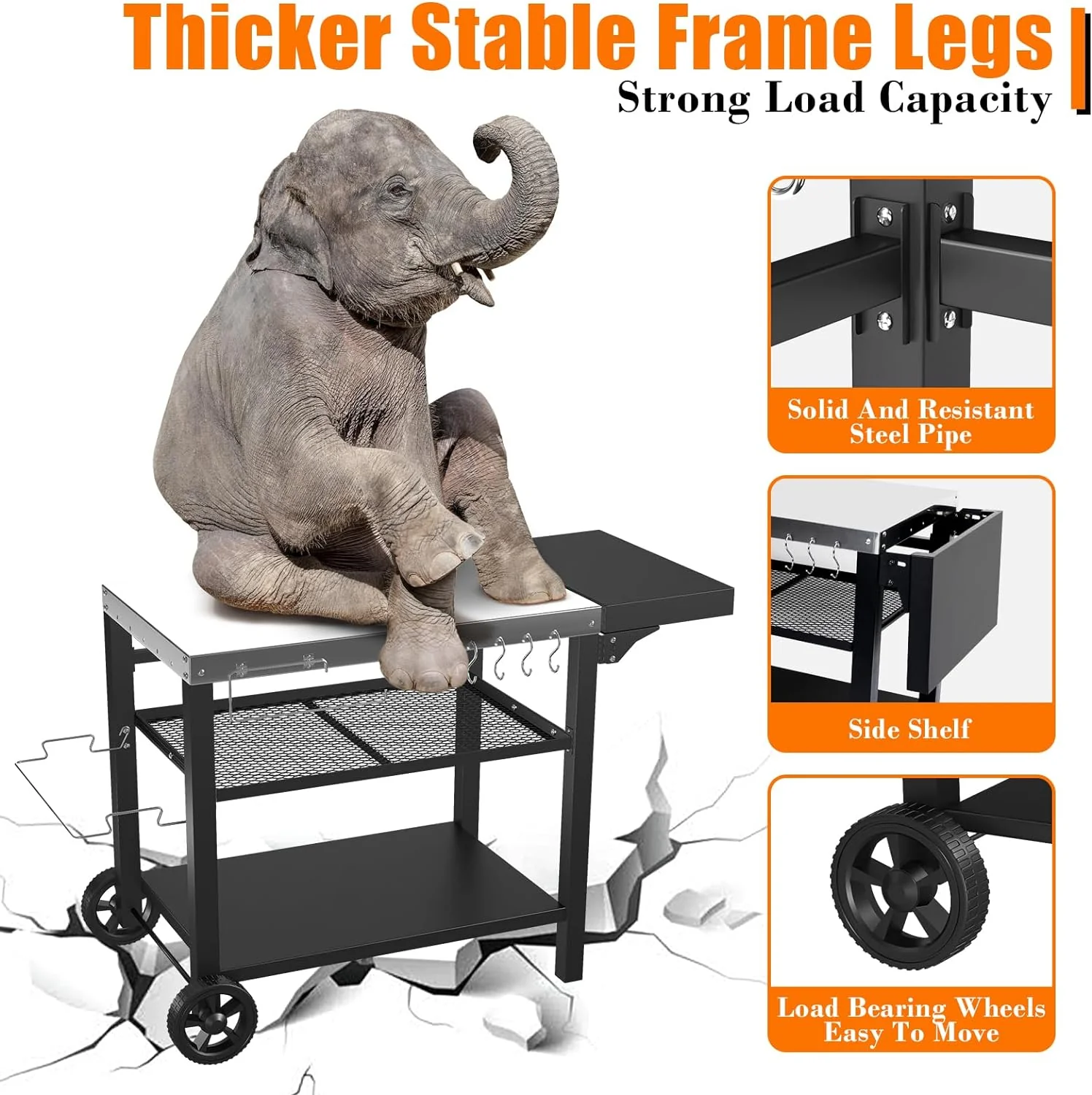 Outdoor Grill Cart with Three-Shelf Food Prep Table and Drawer