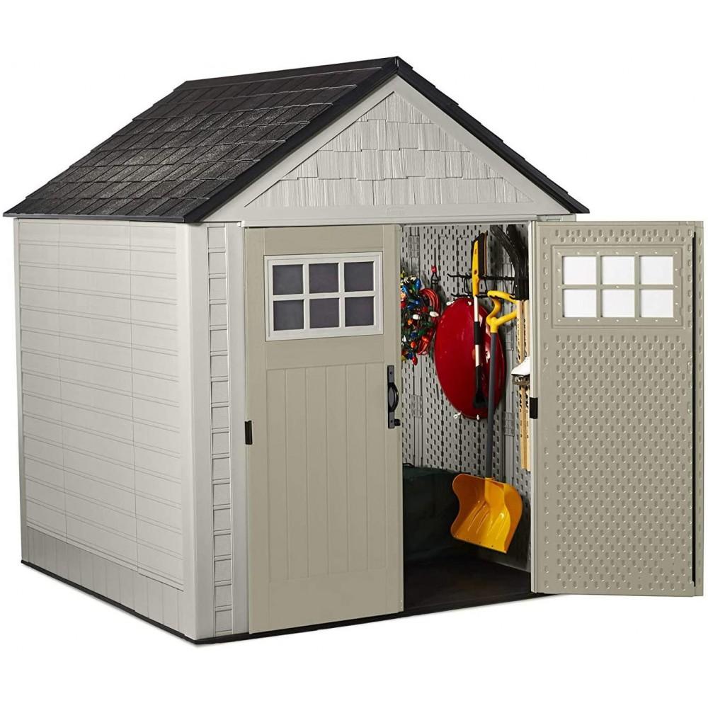 g Rubbermaid 7��7 Ft Durable Weather Resistant Resin Outdoor Garden Storage Shed with Windows and Utility Hooks, Sand