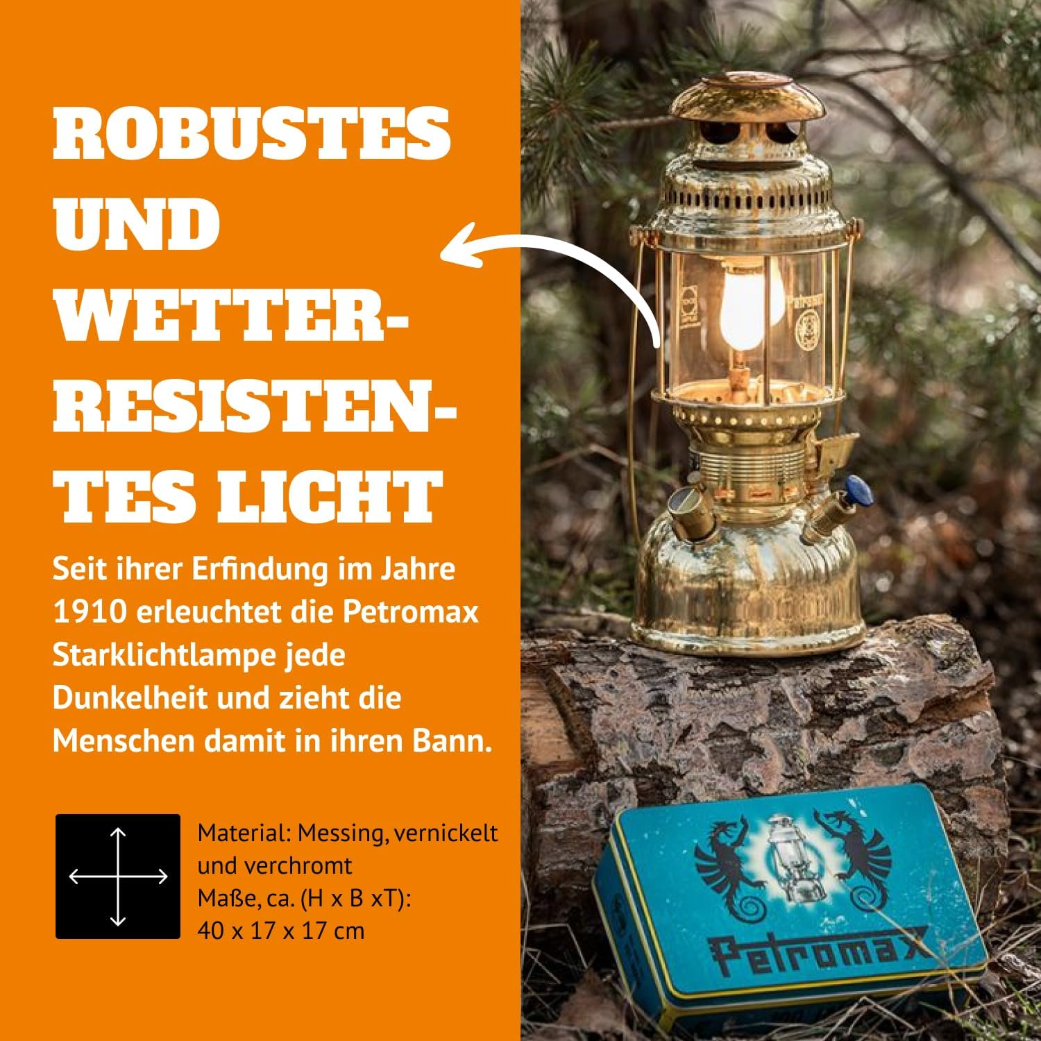 HK500 Pressurized Lantern, 500 Candlepower with 1 Quart Kerosene Tank for Home, Camping or Emergency Lighting, Hand Assembled High Pressure 400 Watt Lamp, Polished Brass