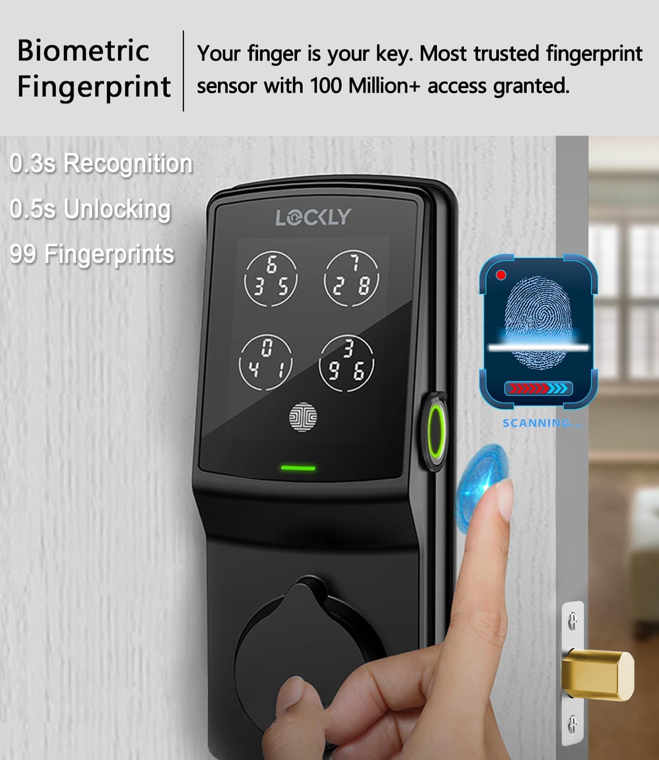 Lockly Smart Door Lock  C Keyless Entry with Biometric Fingerprint, Voice Control, Matte Black, Latch Edition, Wi-Fi & Bluetooth Enabled