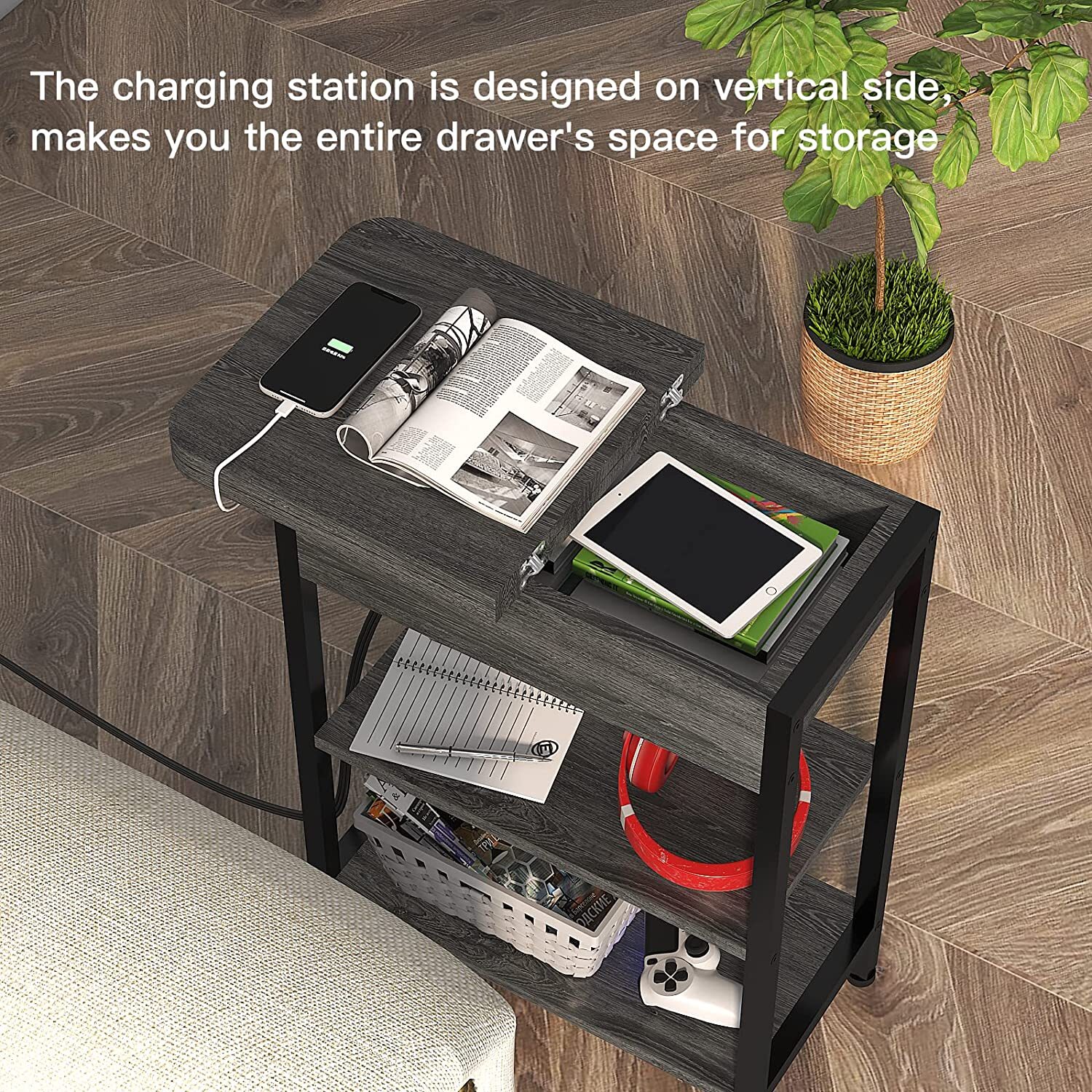 Flip Top End Table with Charging Station  C USB Ports & Outlets, Storage Shelf, Ideal for Living Room & Bedroom by [Brand Name]