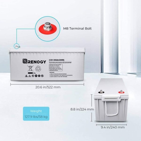 Renogy BATT-AGM12-200 Deep Cycle AGM Battery 12-Volt 200Ah Safe Charge Most Home Appliances for RV, Off-Grid Solar System, Maintenance-Free