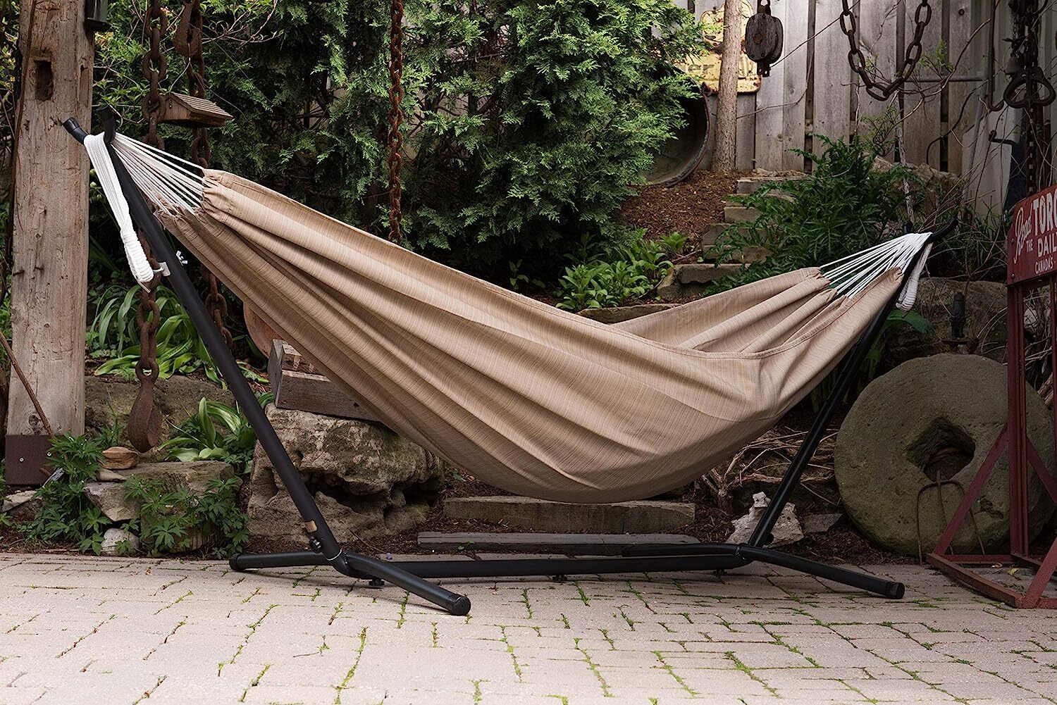 Vivere Double Cotton Hammock with Steel Stand, 450 lb Capacity, Tropical Colors, Includes Premium Carry Bag