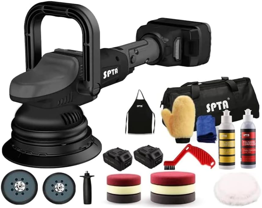 SPTA 18V Cordless Car Polisher Kit, 15mm Orbit, 2000-4800 RPM, 7-Speed, 2 Batteries, 6 Pads, Tool Bag Included