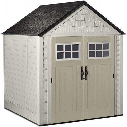 g Rubbermaid 7��7 Ft Durable Weather Resistant Resin Outdoor Garden Storage Shed with Windows and Utility Hooks, Sand