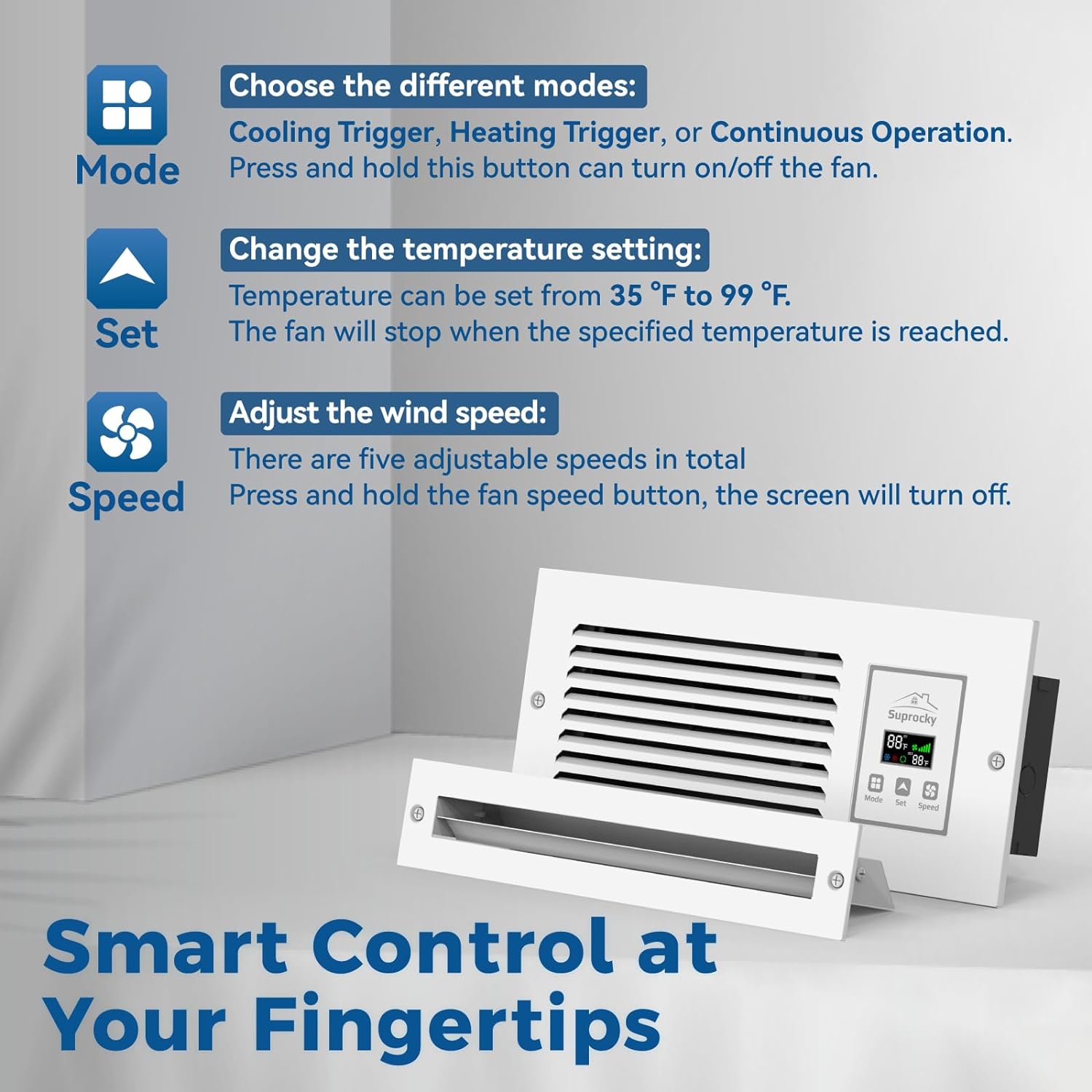 Room to Room Air Transfer Fan, Through Wall Fan with Intelligent Programmed Air Exchange System, Hardwired, 5-Speed, In Wall Vent Fan with Temperature Sensor, 90CFM, RTR75