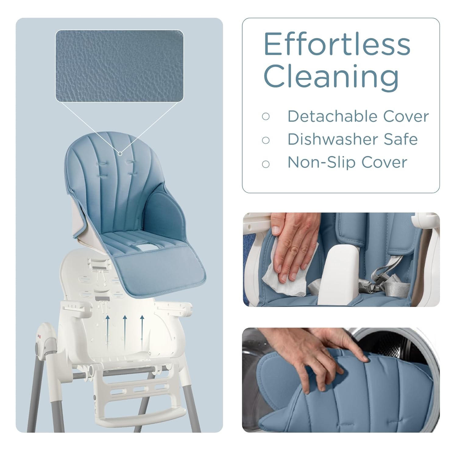 Foldable Baby High Chair with Removable Seat & Tray, Adjustable Height & Recline, Locking Wheels