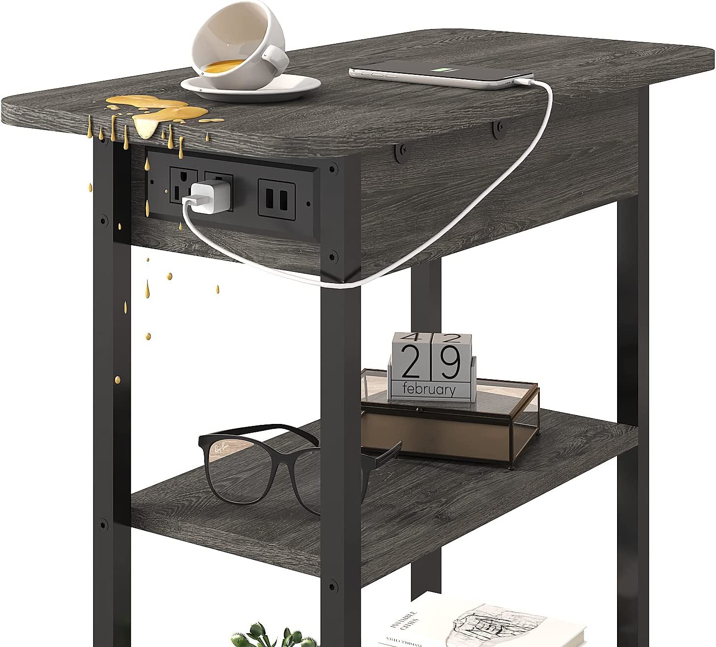 Flip Top End Table with Charging Station  C USB Ports & Outlets, Storage Shelf, Ideal for Living Room & Bedroom by [Brand Name]