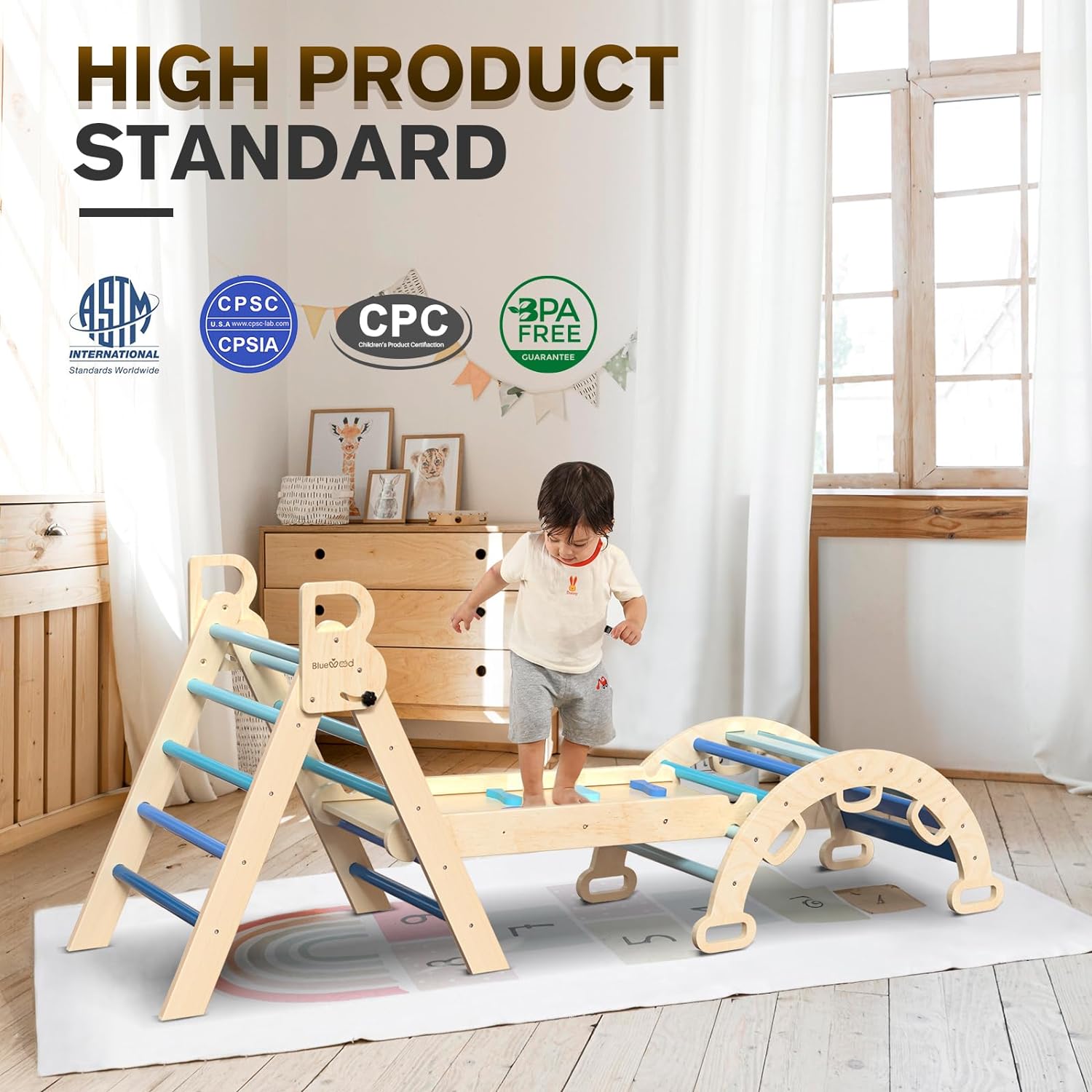 BlueWood 7-in-1 Foldable Pikler Triangle Set for Toddlers  C Wooden Montessori Climbing Toys with Slide, Arch & Ladder, Safe & Eco-Friendly Indoor Jungle Gym