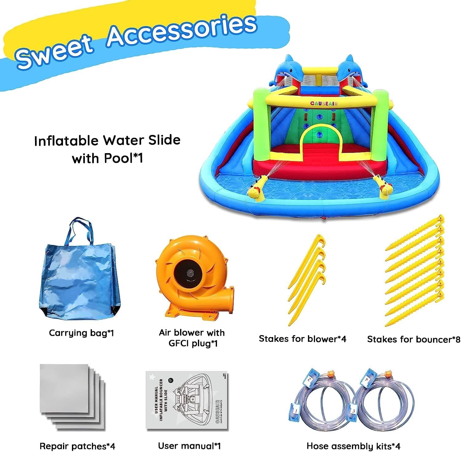 Inflatable Bounce House with Double Slide,Dolphin Styling,Splashing Pool,Double Water Cannon,Climbing Wall,Heavy Duty GFCI Blower,Inflatable Water Park Slide for Kids Backyard Summer