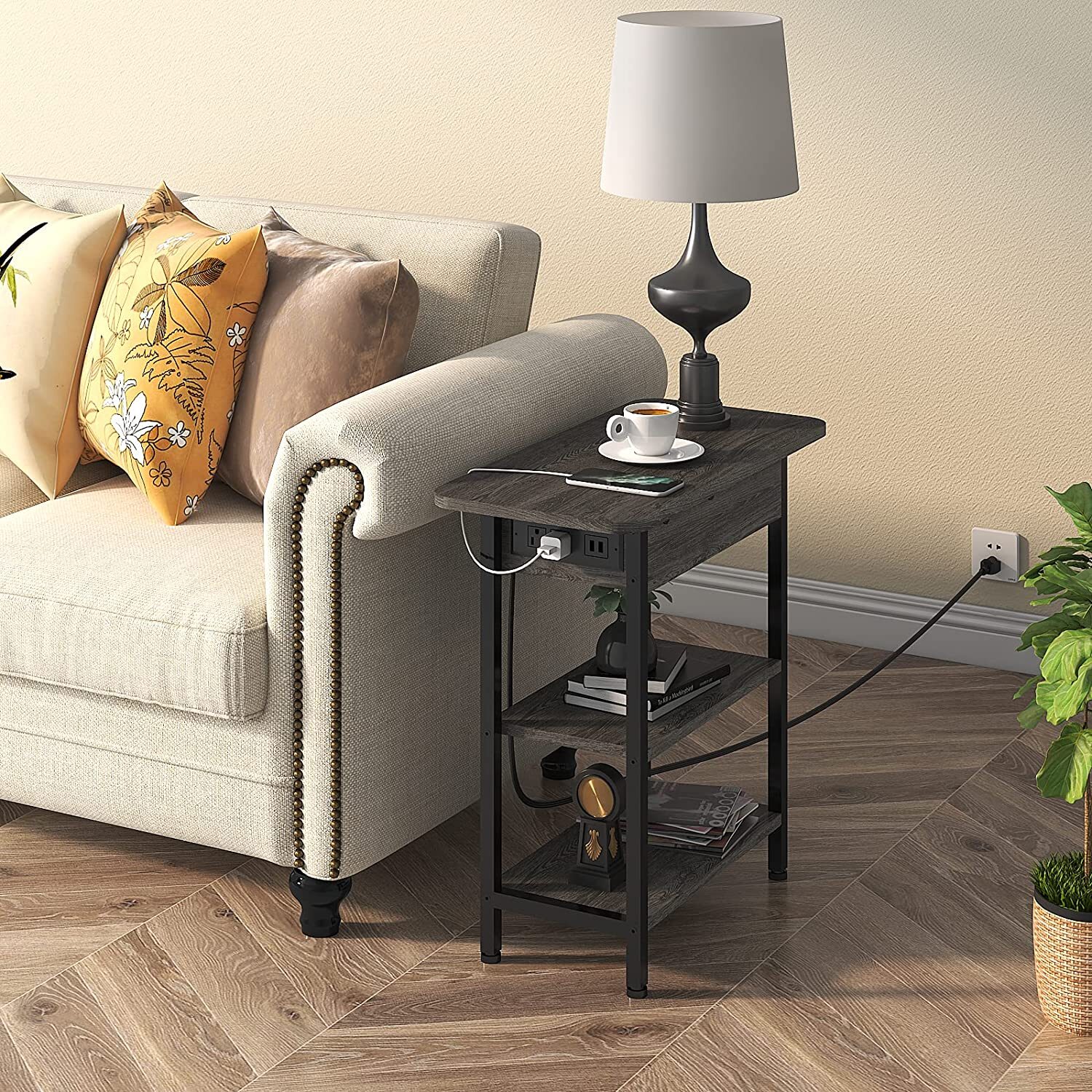 Flip Top End Table with Charging Station  C USB Ports & Outlets, Storage Shelf, Ideal for Living Room & Bedroom by [Brand Name]