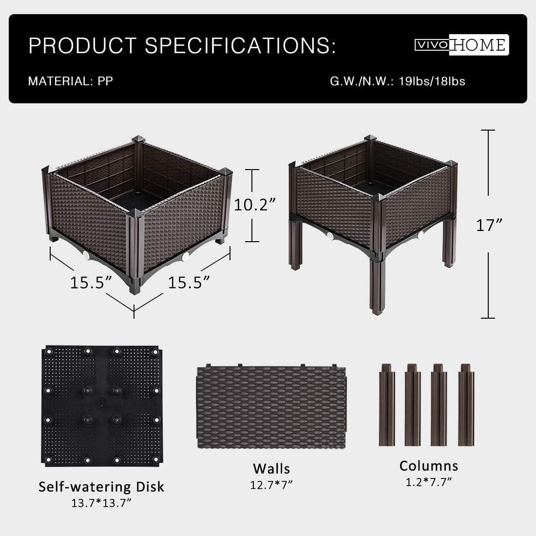 Premium Raised Garden Bed Planter Kit by Elevated �C Set of 4, Self-Watering, Reinforced PP, Rattan Pattern, 19.5���x19.5���, Brown