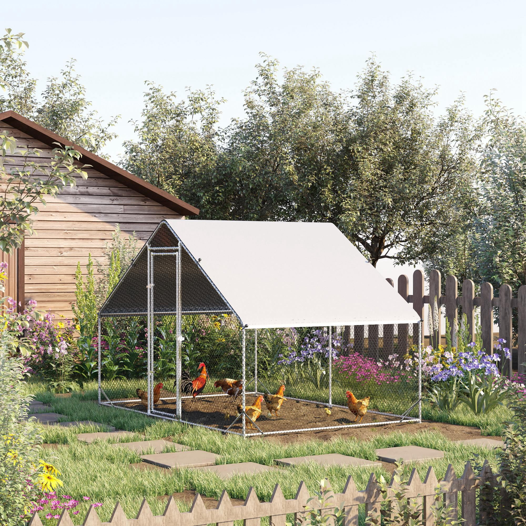 CoSoTower Metal Chicken Coop Run with Cover, Walk-In Outdoor Poultry Pen for Rabbits, Ducks, Large Hen House for Yard, 10' X 6.5' X 6.5', Silver