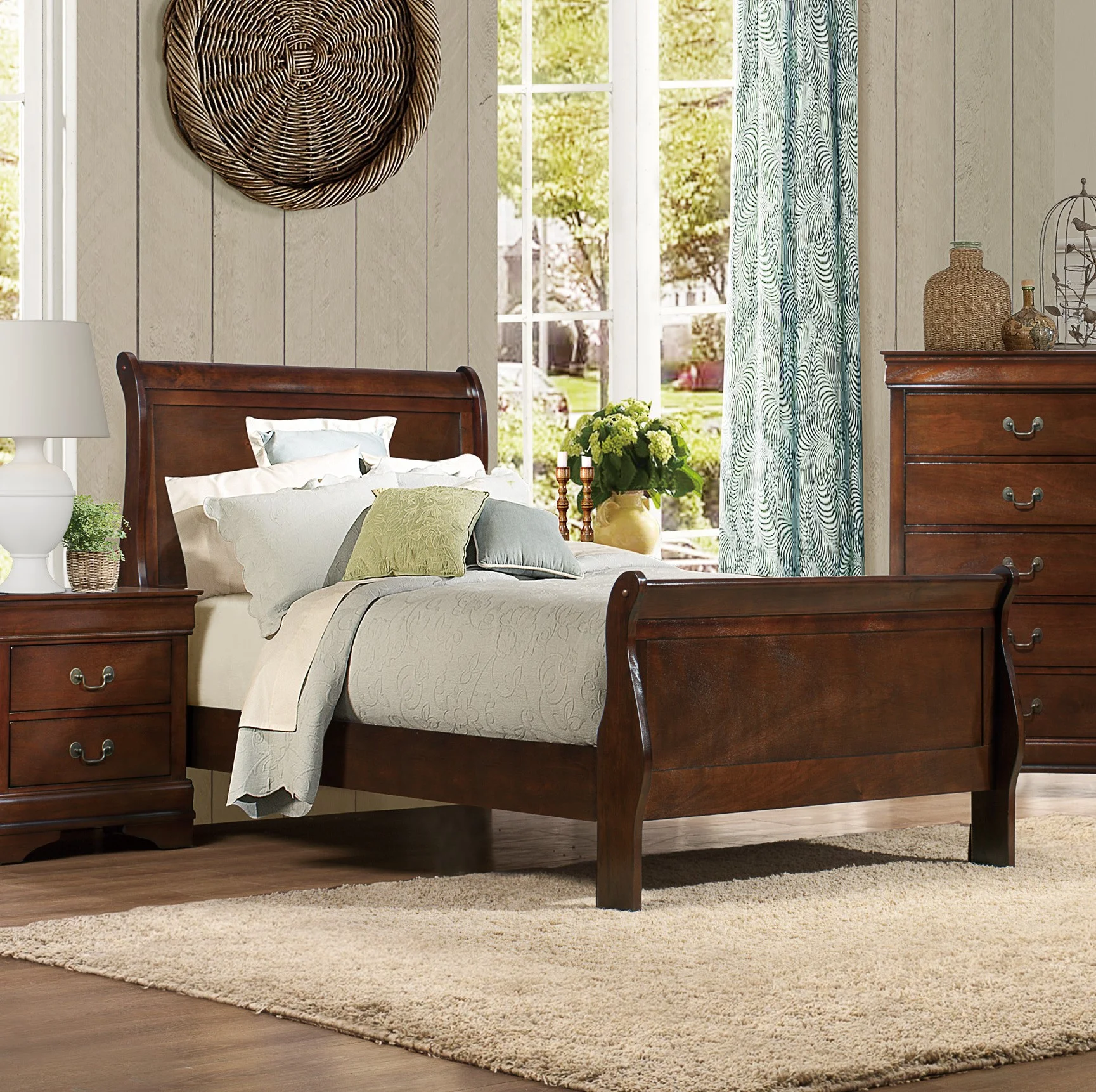 GeeHome Classic Louis Philipe Style Twin Size Bed Brown Cherry Finish 1pc Traditional Design Bedroom Furniture Sleigh Bed