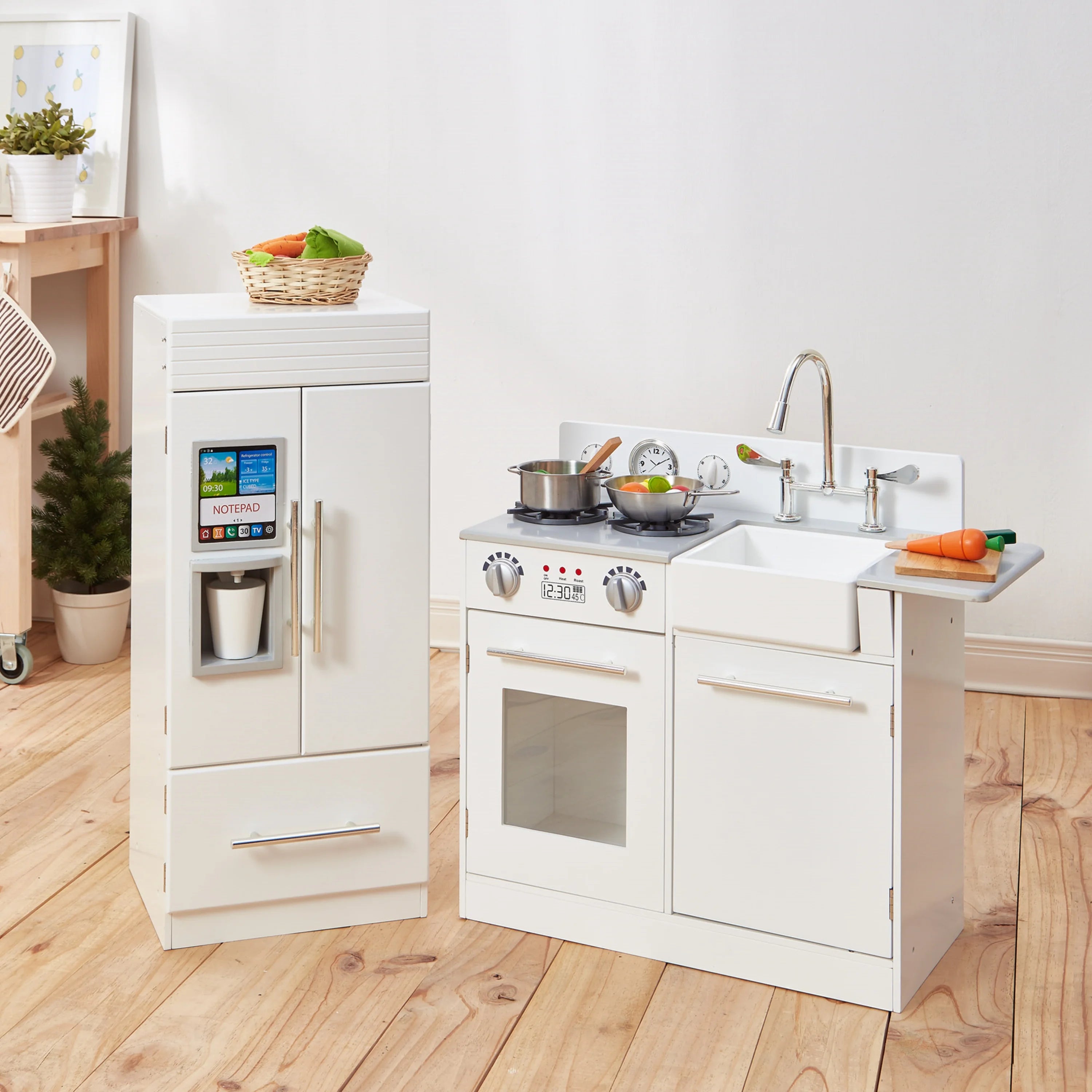 Teamson Kids Little Chef Charlotte Modern Play Kitchen with Free-Standing Refrigerator, Separate Kitchenette Unit, & Interactive Features, White/Gold