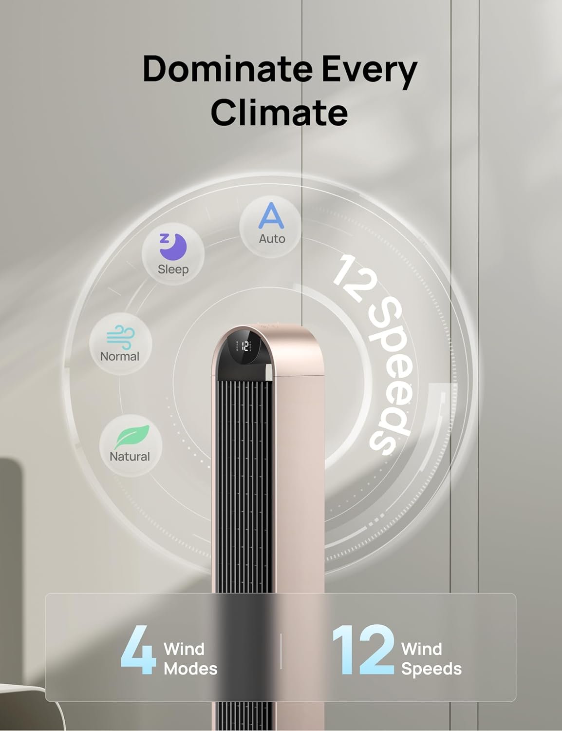 Dreo Tower Fan for Bedroom, 42 Inch 120�� Oscillating Fan, 25dB Quiet DC Motor, 28ft/s Velocity Bladeless Standing Fan with 12 Speeds, 4 Modes, 12H Timer Cooling Fans for Home, Living Room, Pilot Max S