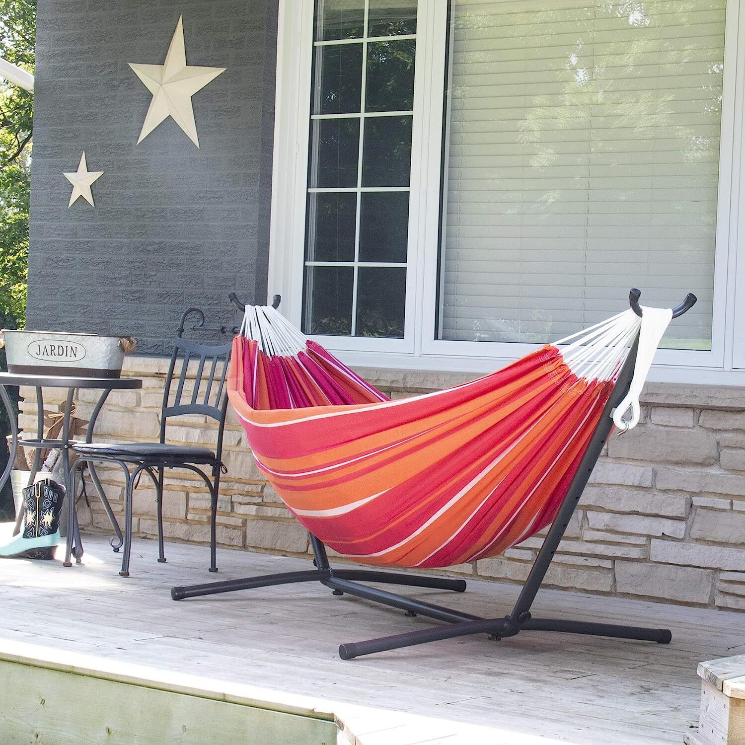 Vivere Double Cotton Hammock with Steel Stand, 450 lb Capacity, Tropical Colors, Includes Premium Carry Bag