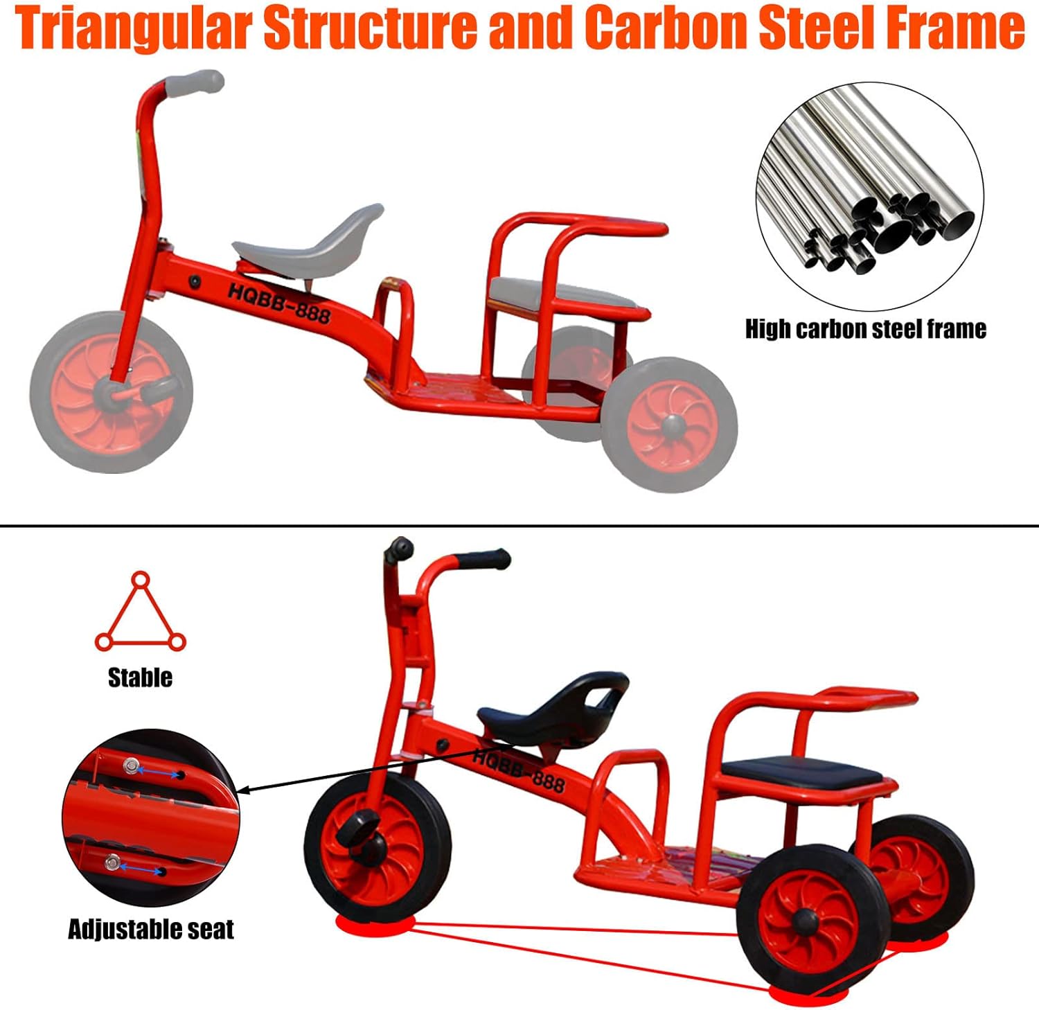 Kids Tricycle for Riders Ages 3+,Preschool Daycare Playground Kids Tricycle with Passenger Seat,Big Kids Tandem Trike with Inflation-Free Rubber Wheels,Kids Outdoor Play Equipment