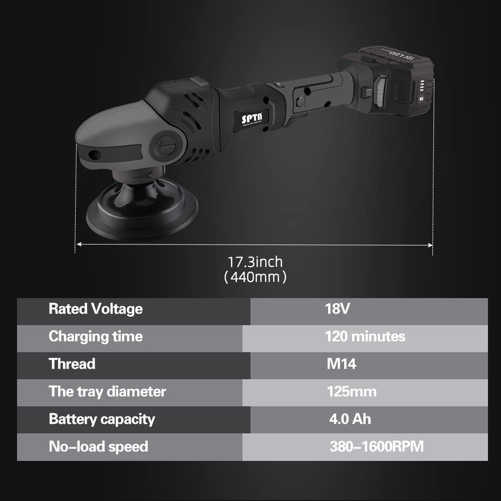 SPTA 18V Cordless Car Polisher Kit, 15mm Orbit, 2000-4800 RPM, 7-Speed, 2 Batteries, 6 Pads, Tool Bag Included