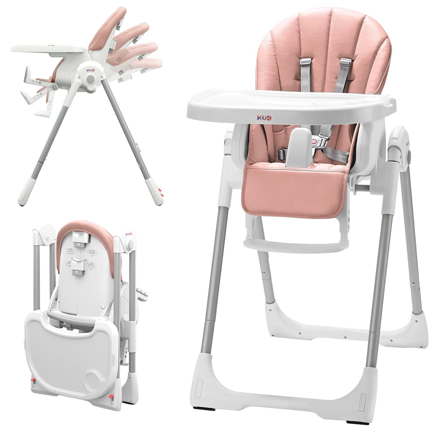 Foldable Baby High Chair with Removable Seat & Tray, Adjustable Height & Recline, Locking Wheels