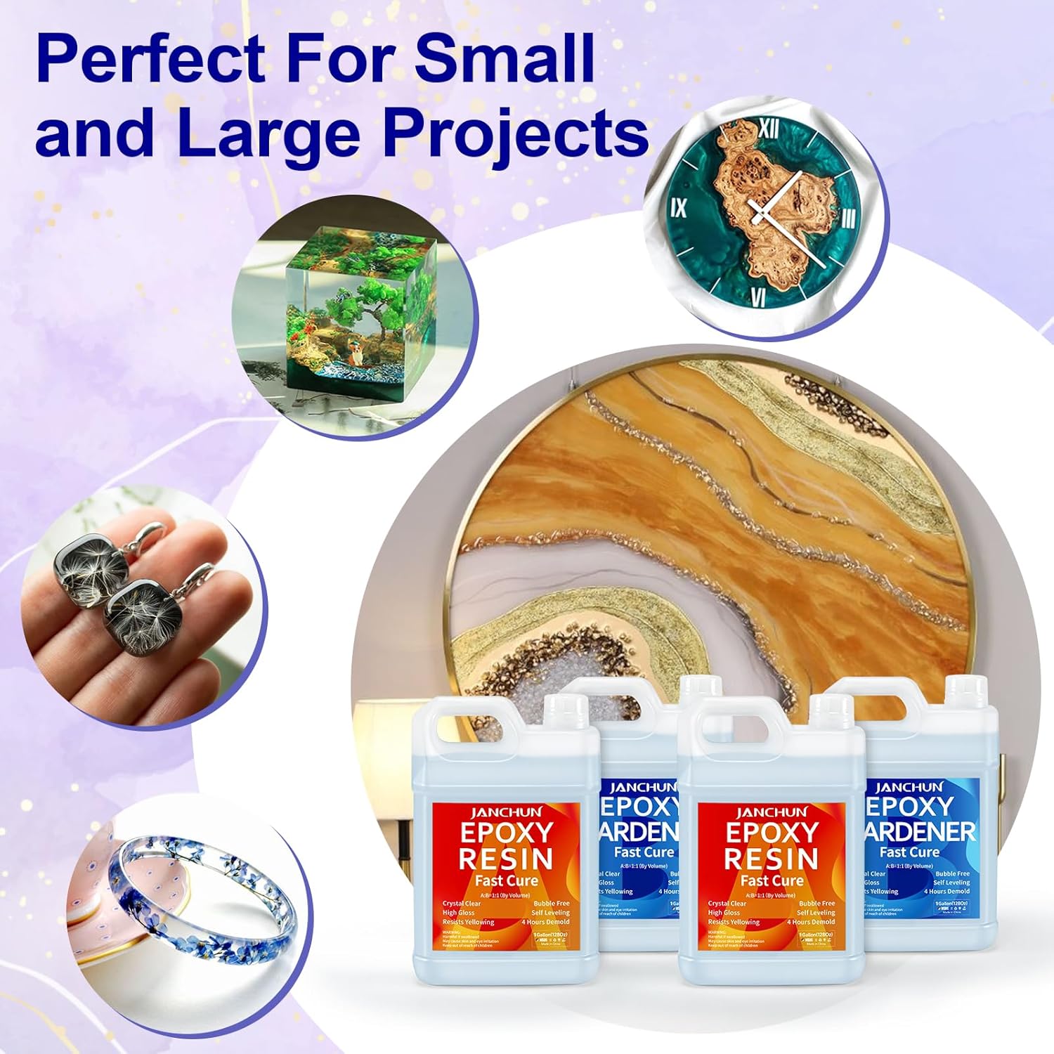 2 Gallon Epoxy Resin + 2 Gallon Epoxy Hardener, High Gloss Coating for River Table Tops, Art Casting Resin, Jewelry Making, DIY, Tumblers, Molds, Art Painting, Fast Curing Resin