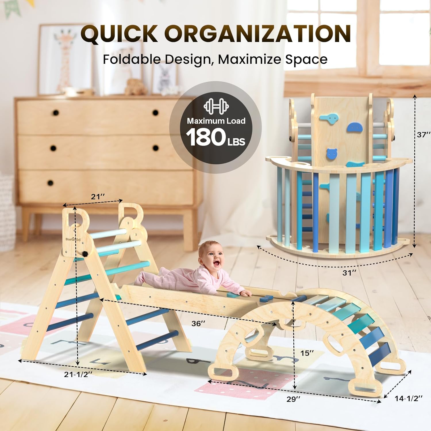 BlueWood 7-in-1 Foldable Pikler Triangle Set for Toddlers  C Wooden Montessori Climbing Toys with Slide, Arch & Ladder, Safe & Eco-Friendly Indoor Jungle Gym