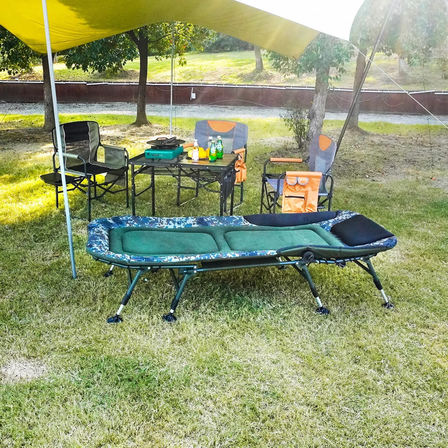 Camping Cots for Adults 330Lbs with Carry Bag, Heavy Duty Folding Bed with Soft Padded Cushion, Portable Military Cot for Hunting, 180�� Adjustable Reclining Outdoor Lounger