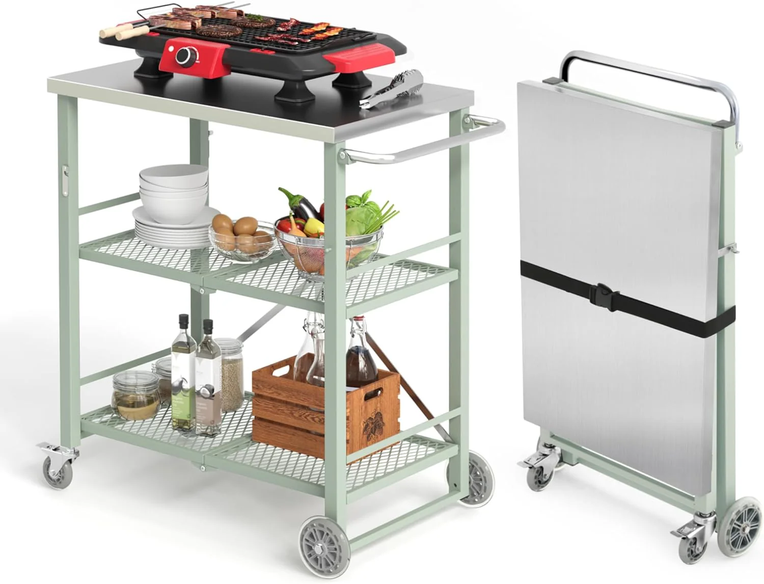 Foldable Outdoor Grill Cart with Total Lock Casters - Stainless Steel Pizza Oven Stand