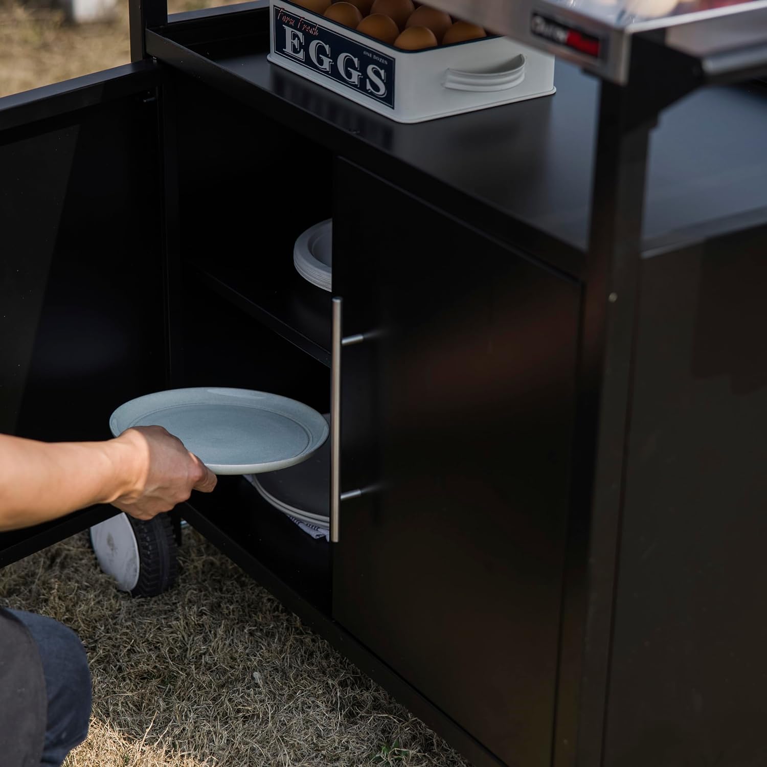 Grill Table Outdoor Kitchen Cabinet, Moveable Outdoor Prep Table & Bar for Storage, Grilling and Pizza Oven, Multifunctional Silver & Black